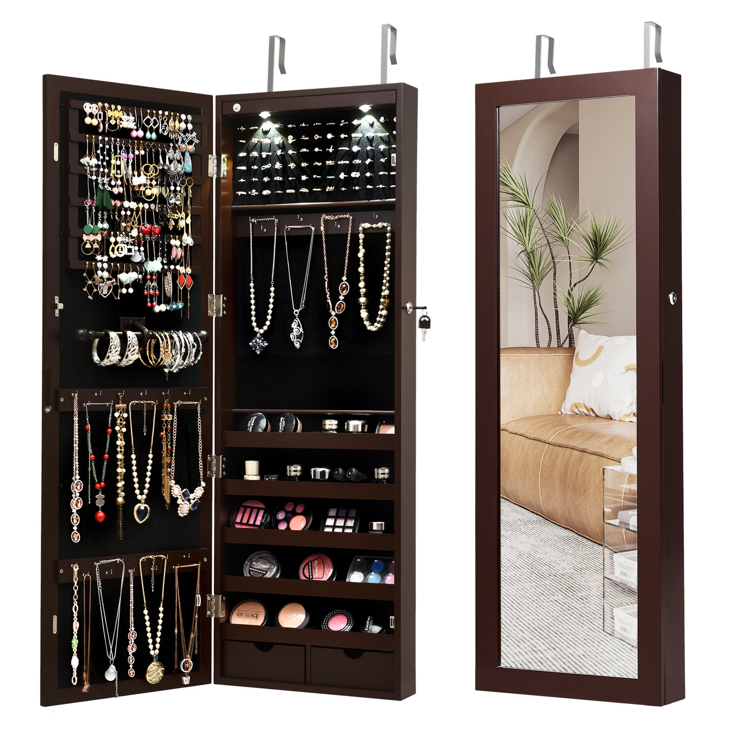 Lockable Wall Mount Mirrored Jewelry Cabinet with LED Lights-Brown Kids Crystal