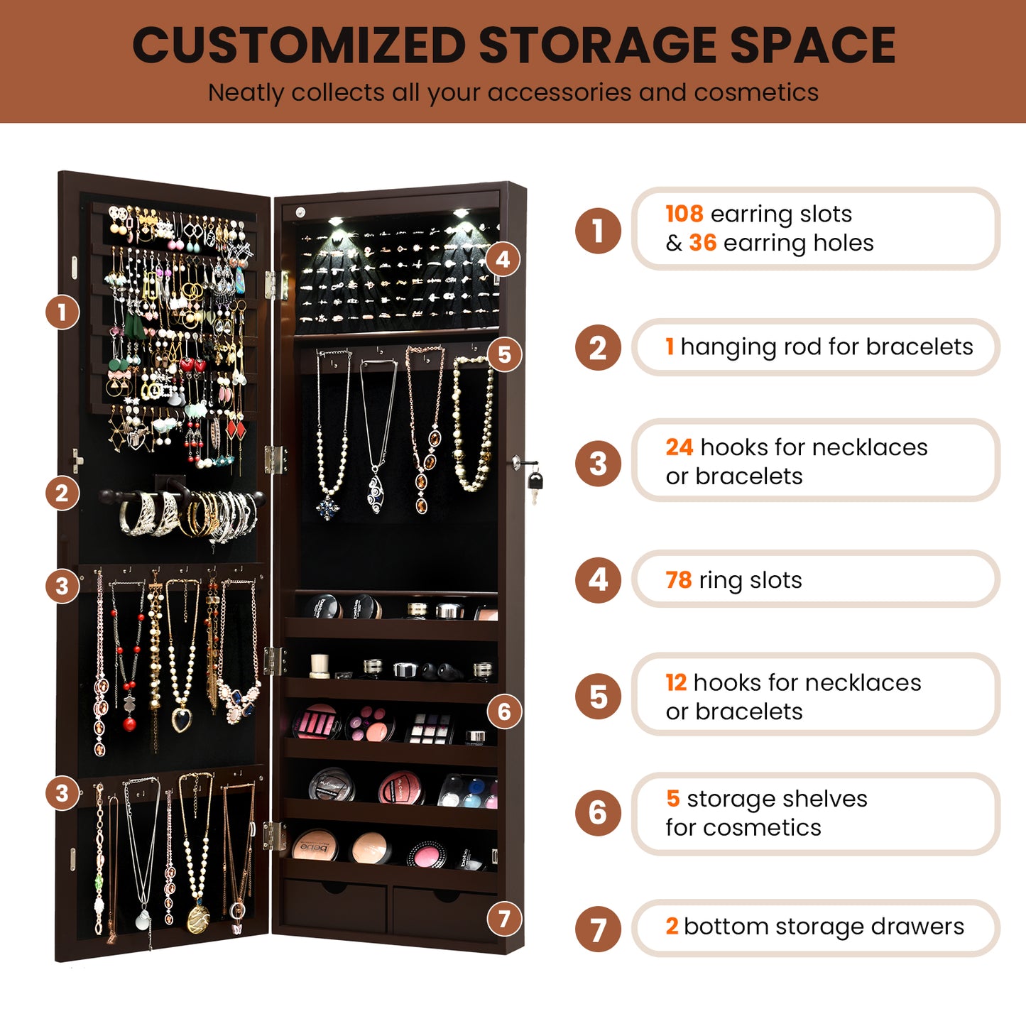 Lockable Wall Mount Mirrored Jewelry Cabinet with LED Lights-Brown Kids Crystal