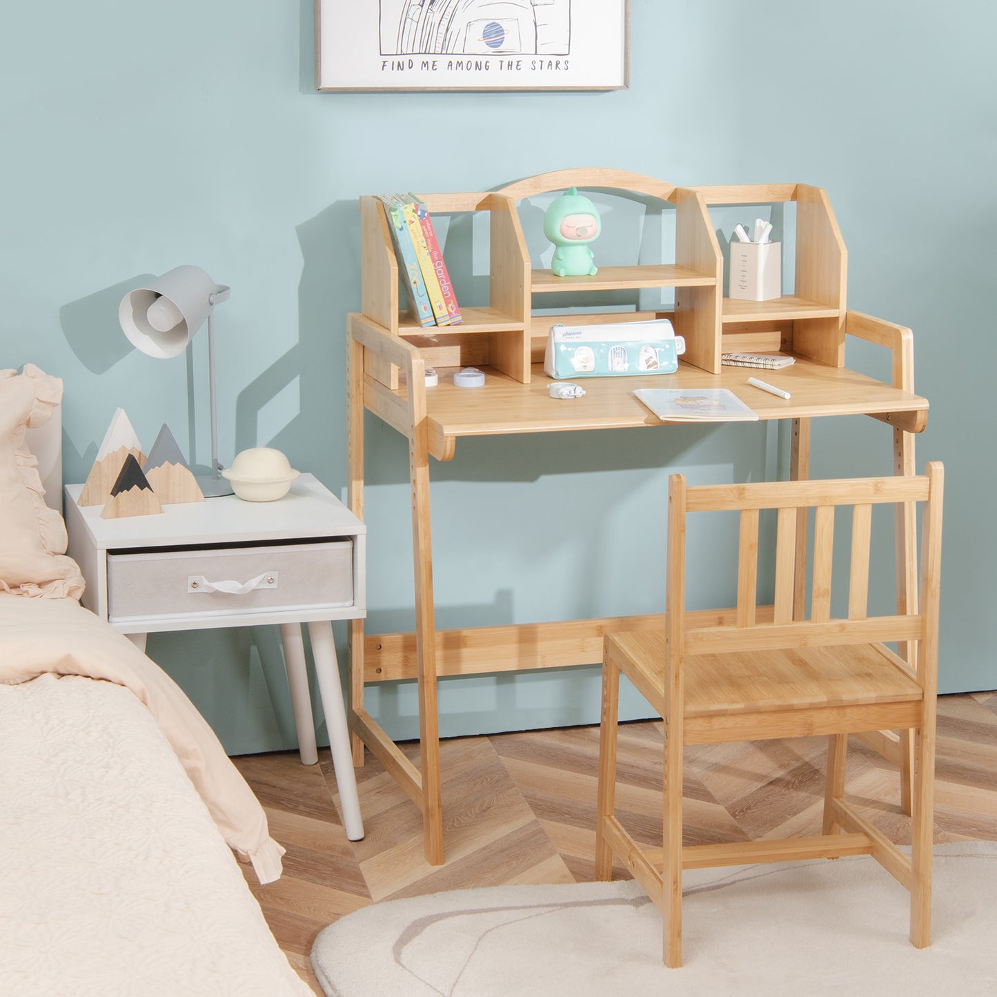 Bamboo Kids Study Desk and Chair Set with Bookshelf Kids Crystal
