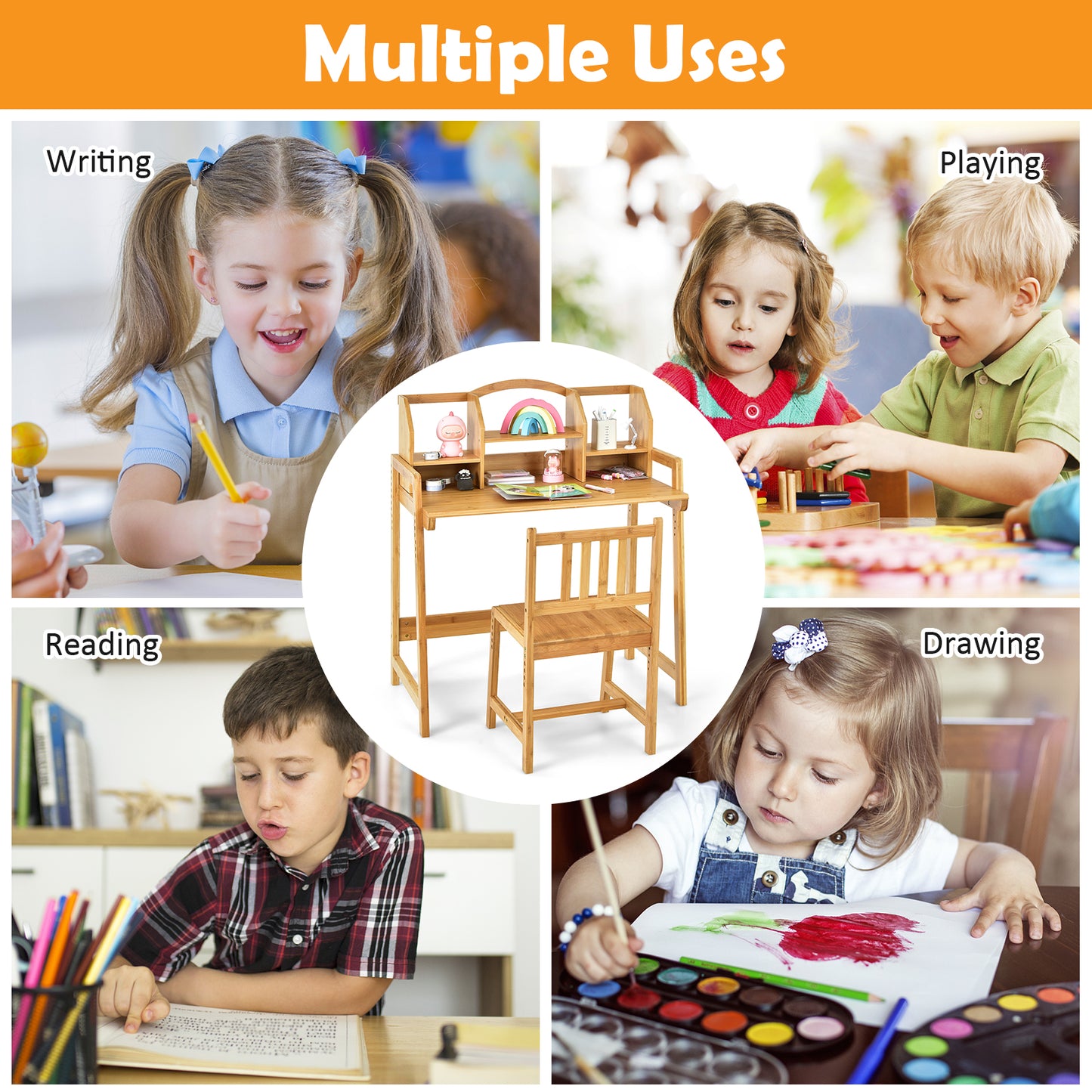 Bamboo Kids Study Desk and Chair Set with Bookshelf Kids Crystal