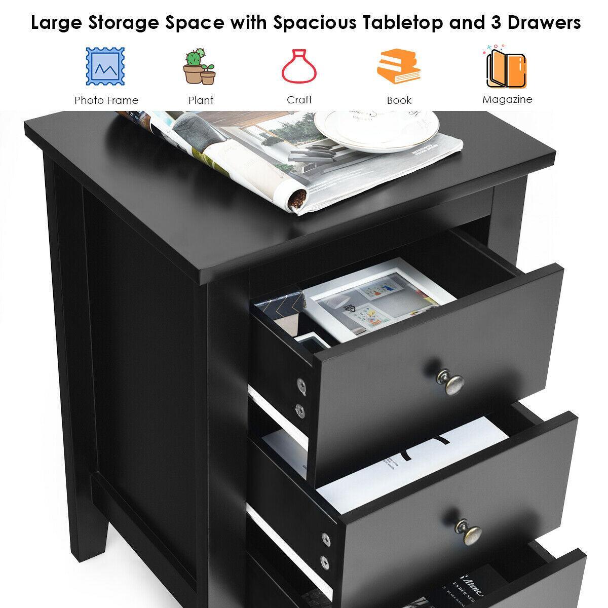 Nightstand End Beside Table Drawers Modern Storage Bedroom Furniture-Black Kids Crystal