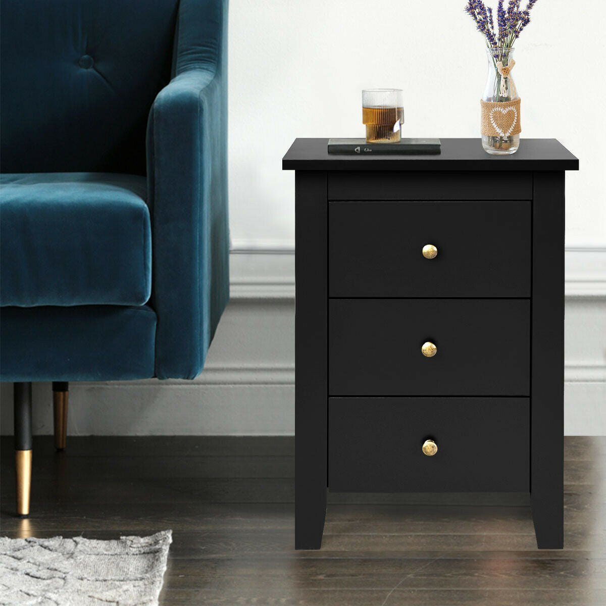 Nightstand End Beside Table Drawers Modern Storage Bedroom Furniture-Black Kids Crystal