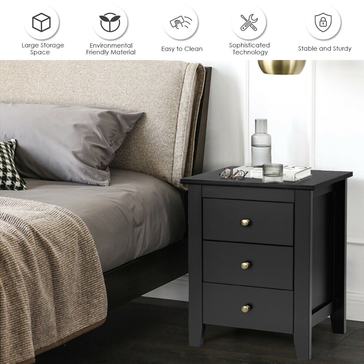 Nightstand End Beside Table Drawers Modern Storage Bedroom Furniture-Black Kids Crystal