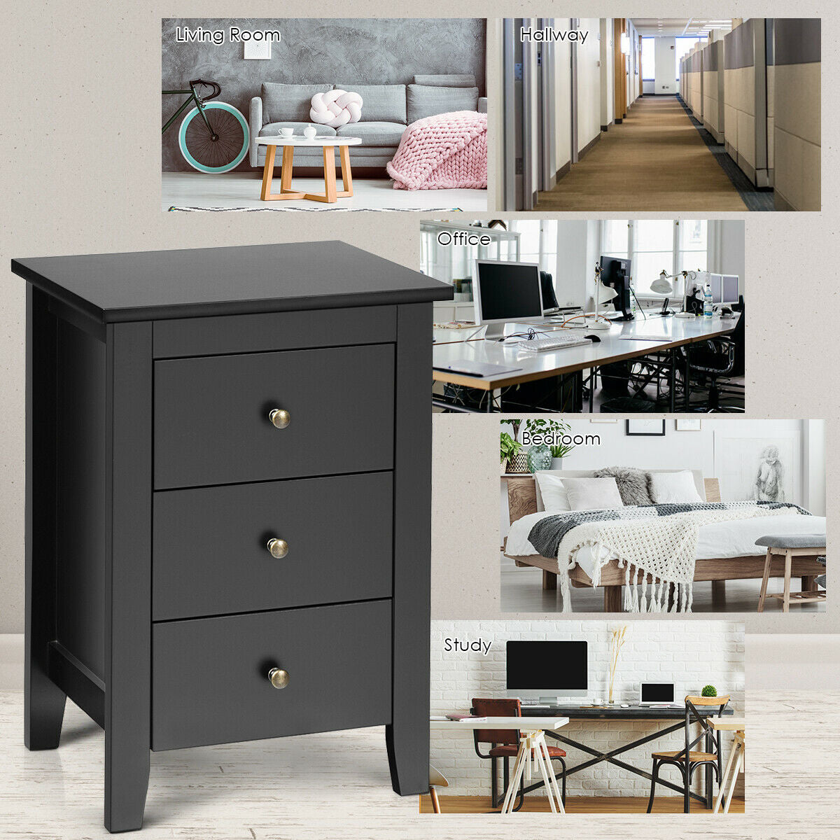 Nightstand End Beside Table Drawers Modern Storage Bedroom Furniture-Black Kids Crystal