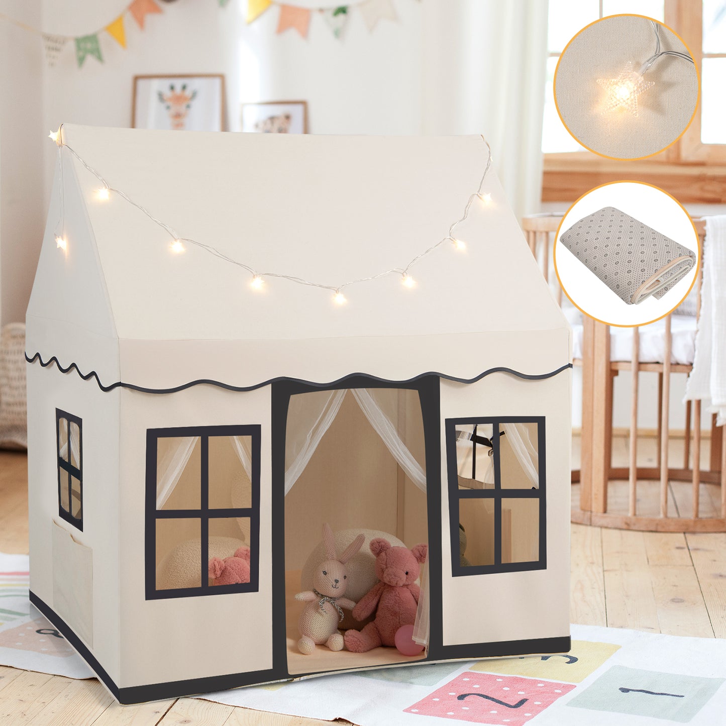 Toddler Large Playhouse with Star String Lights-Beige Kids Crystal