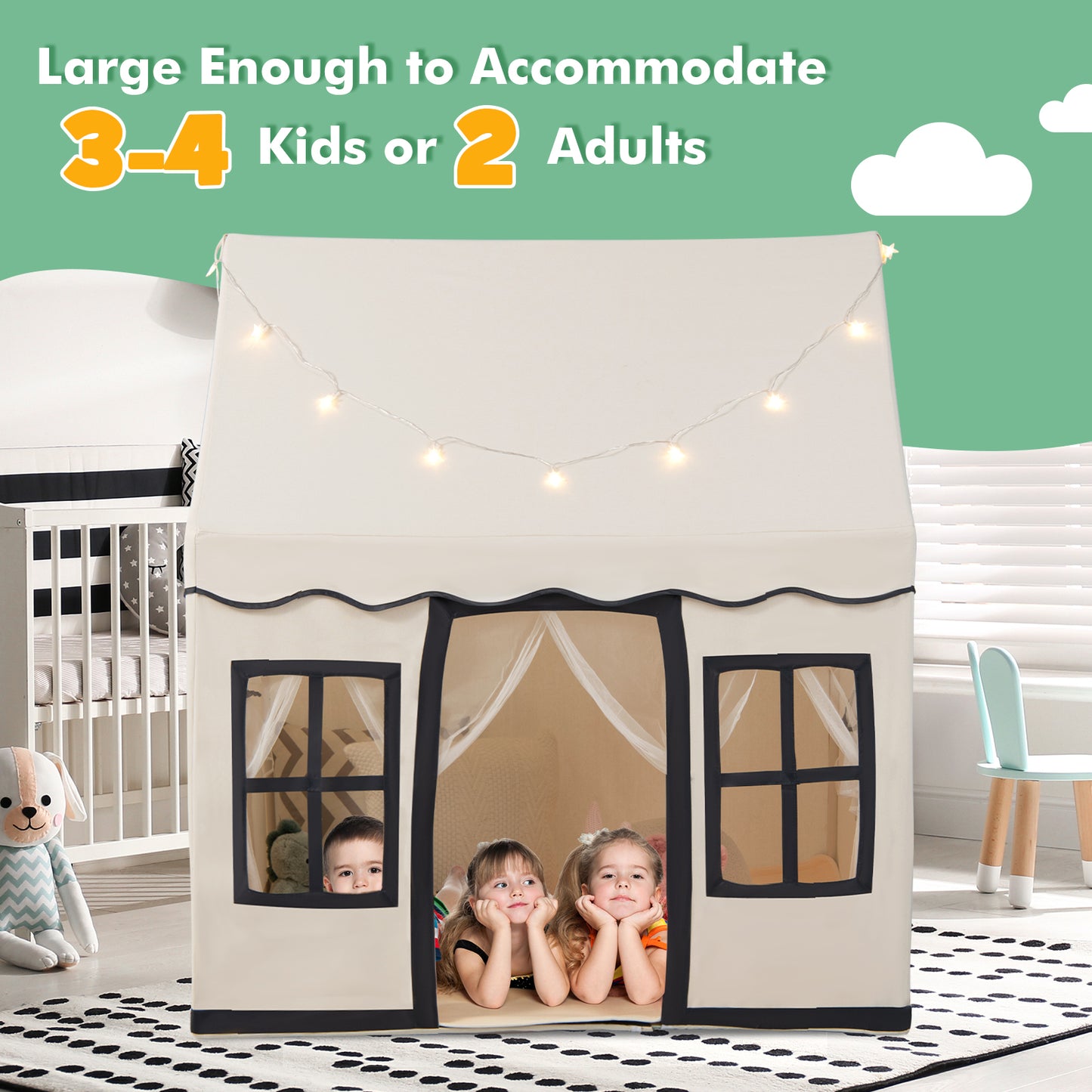 Toddler Large Playhouse with Star String Lights-Beige Kids Crystal