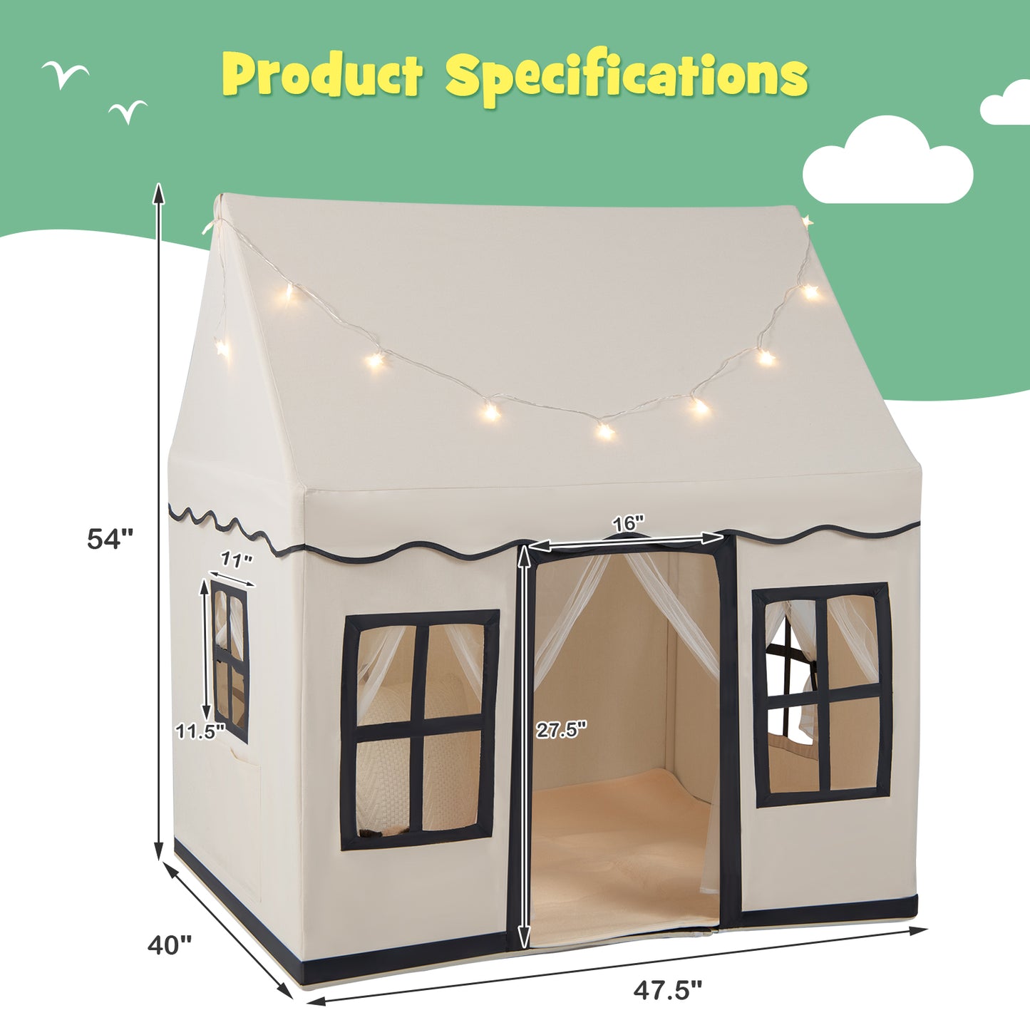 Toddler Large Playhouse with Star String Lights-Beige Kids Crystal