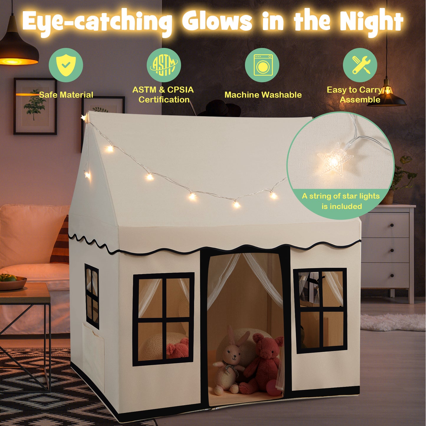 Toddler Large Playhouse with Star String Lights-Beige Kids Crystal