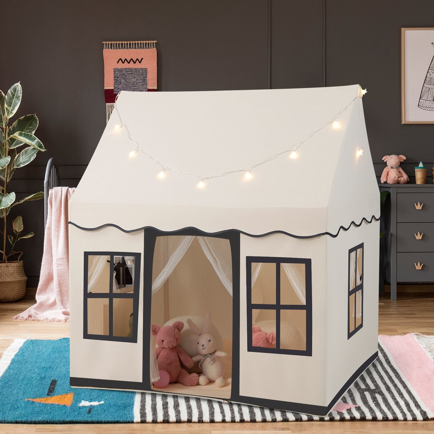 Toddler Large Playhouse with Star String Lights-Beige Kids Crystal