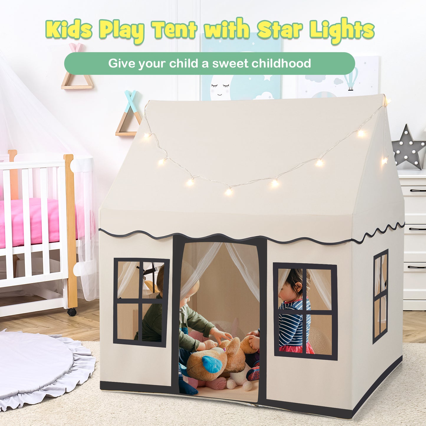 Toddler Large Playhouse with Star String Lights-Beige Kids Crystal