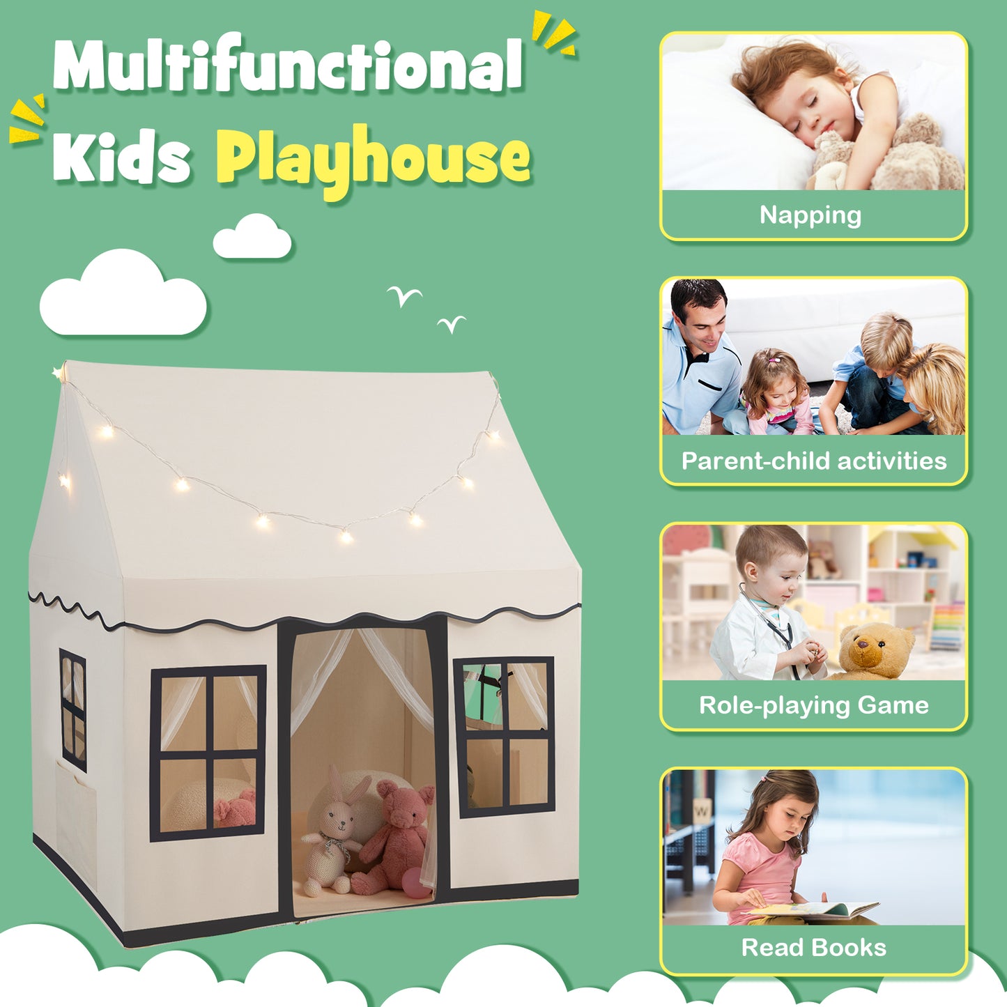 Toddler Large Playhouse with Star String Lights-Beige Kids Crystal
