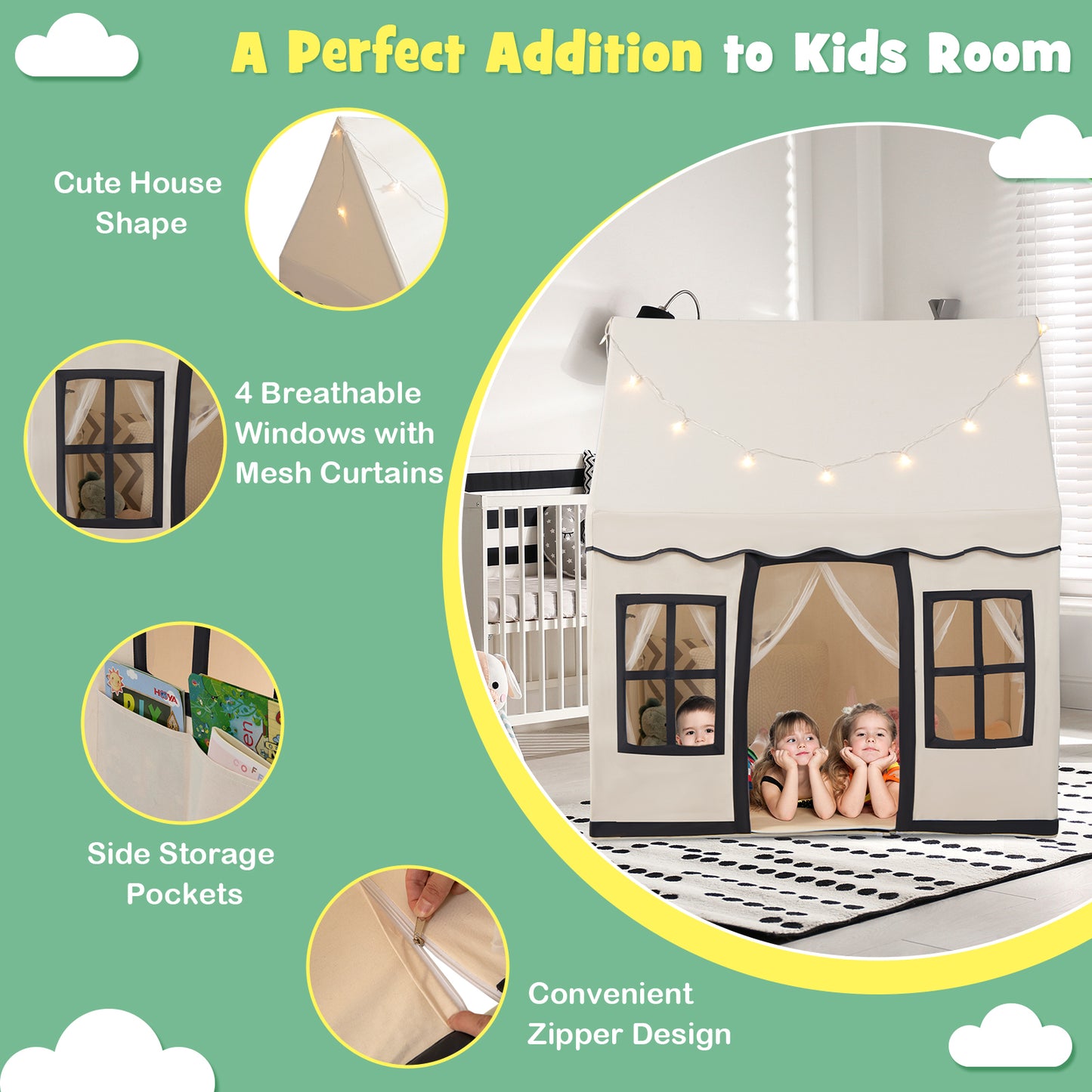 Toddler Large Playhouse with Star String Lights-Beige Kids Crystal