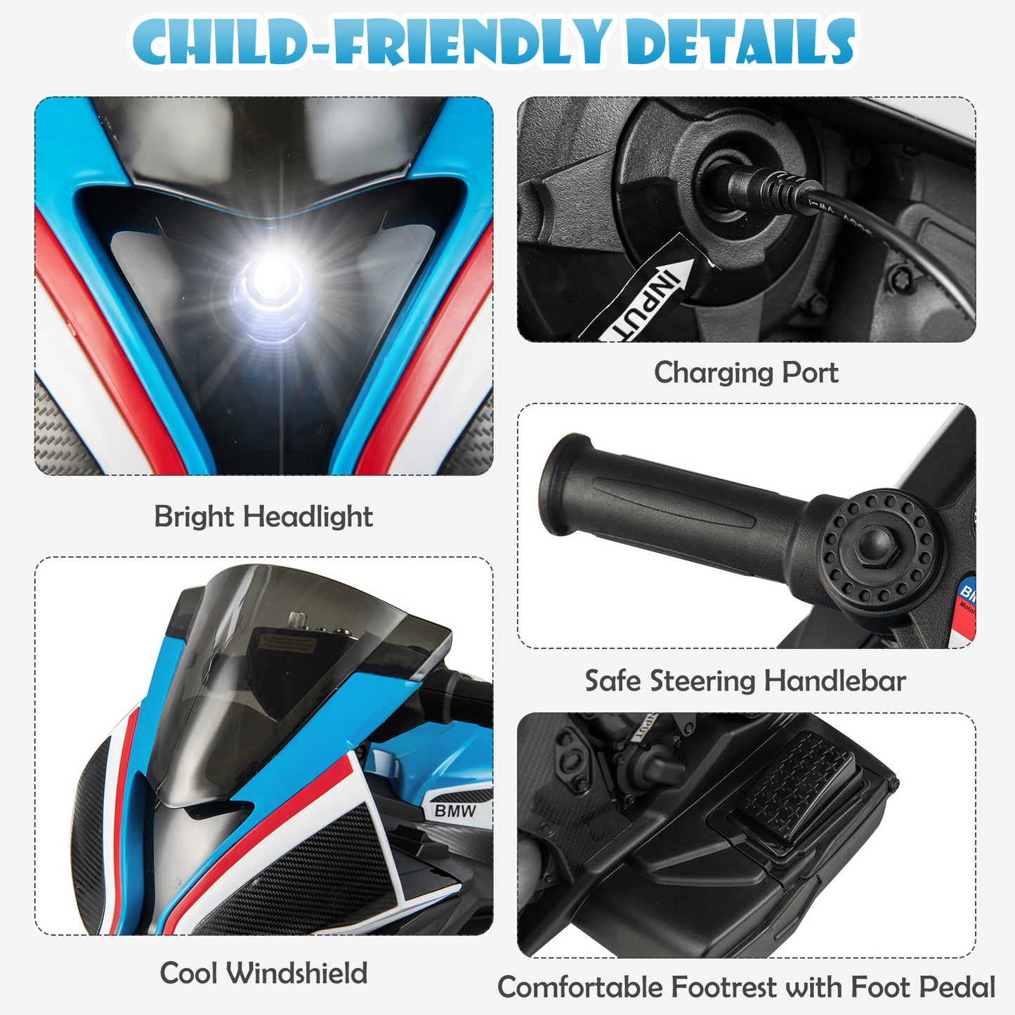 12V Licensed BMW Kids Motorcycle Ride-On Toy for 37-96 Months Old Kids-White Kids Crystal