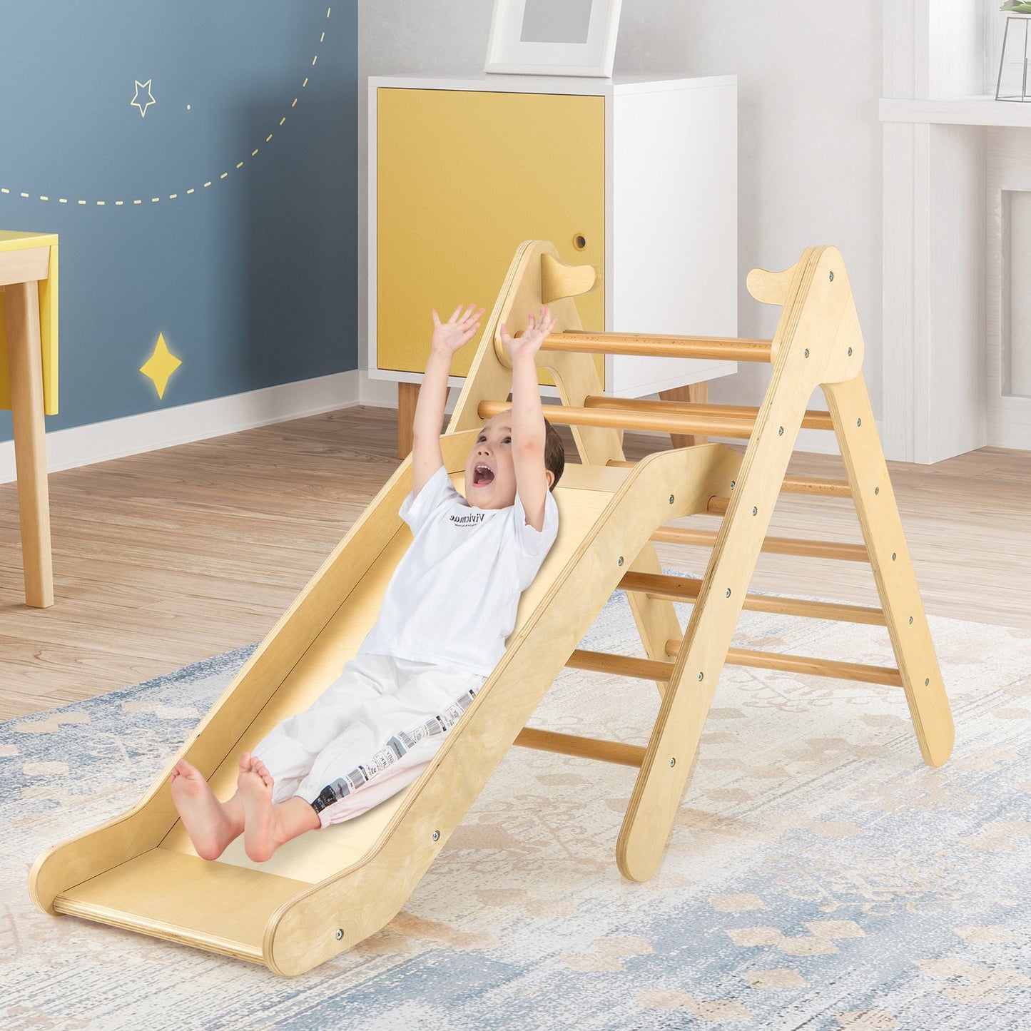 2-in-1 Wooden Triangle Climber Set with Gradient Adjustable Slide-Natural Kids Crystal