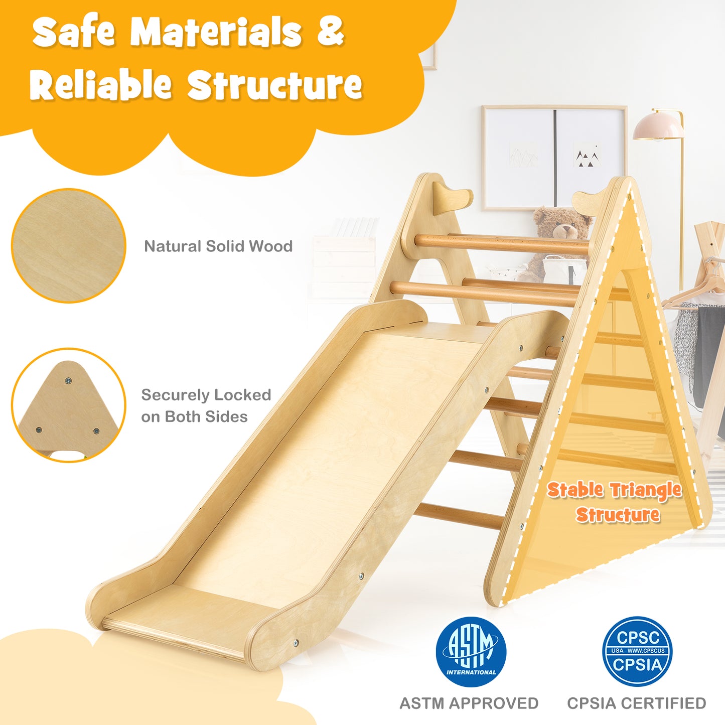 2-in-1 Wooden Triangle Climber Set with Gradient Adjustable Slide-Natural Kids Crystal
