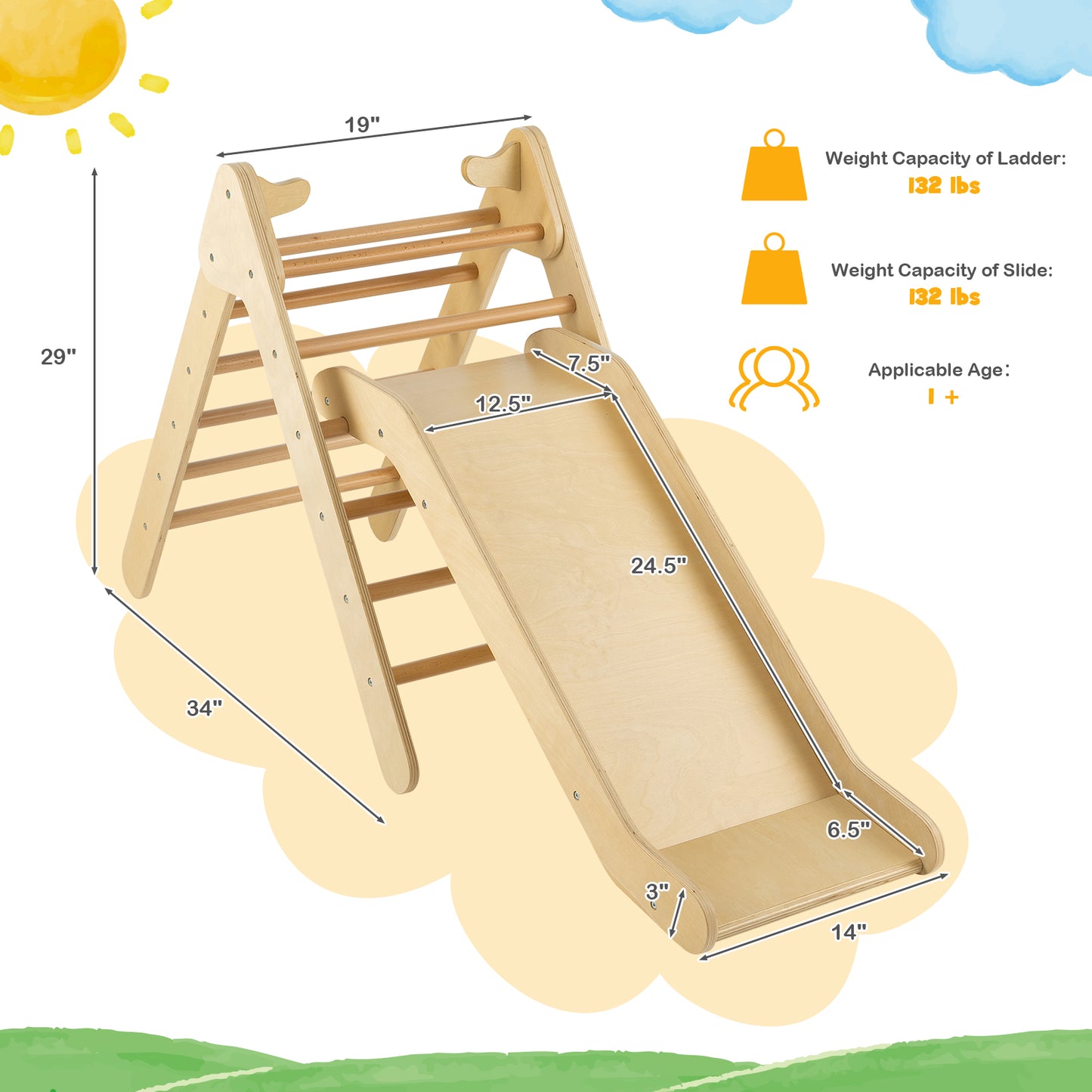 2-in-1 Wooden Triangle Climber Set with Gradient Adjustable Slide-Natural Kids Crystal