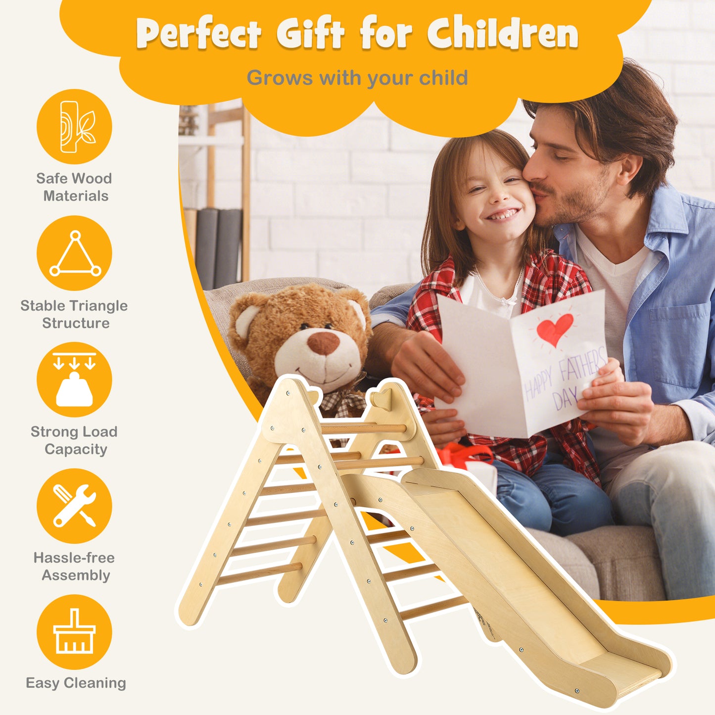 2-in-1 Wooden Triangle Climber Set with Gradient Adjustable Slide-Natural Kids Crystal
