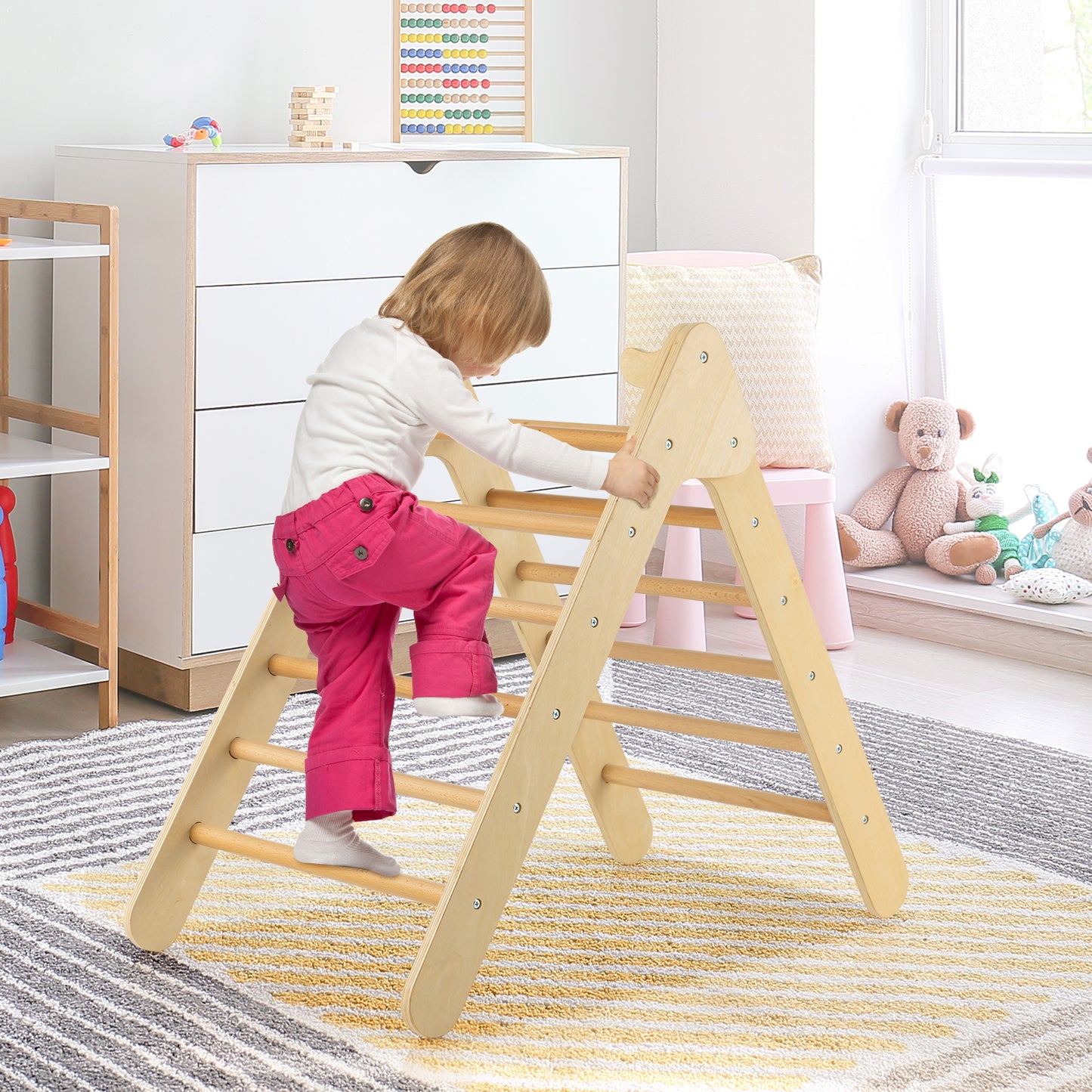 2-in-1 Wooden Triangle Climber Set with Gradient Adjustable Slide-Natural Kids Crystal