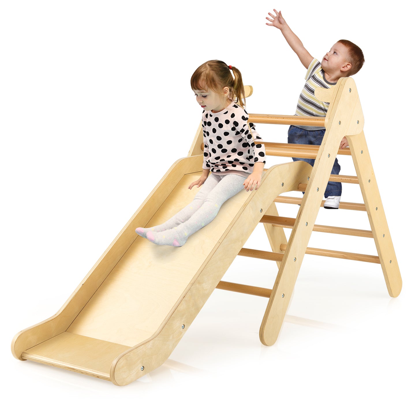2-in-1 Wooden Triangle Climber Set with Gradient Adjustable Slide-Natural Kids Crystal