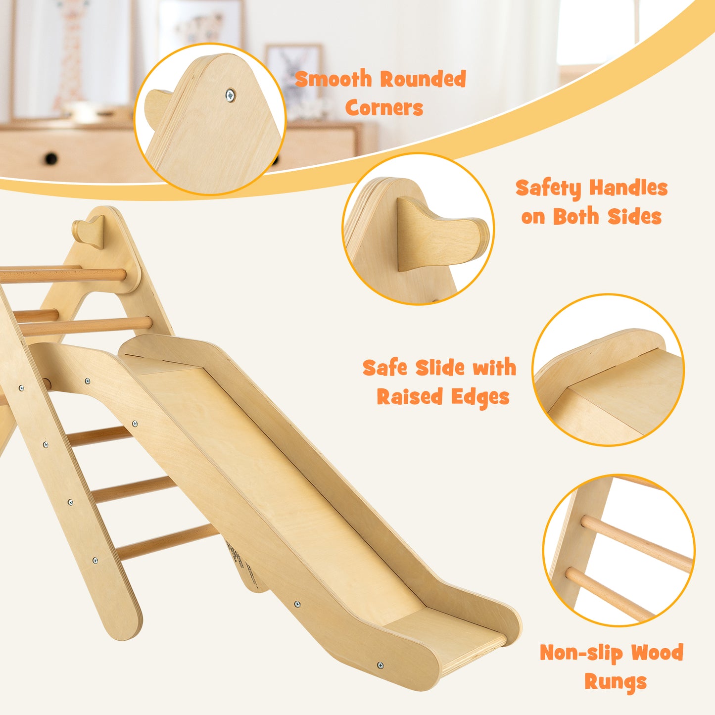 2-in-1 Wooden Triangle Climber Set with Gradient Adjustable Slide-Natural Kids Crystal
