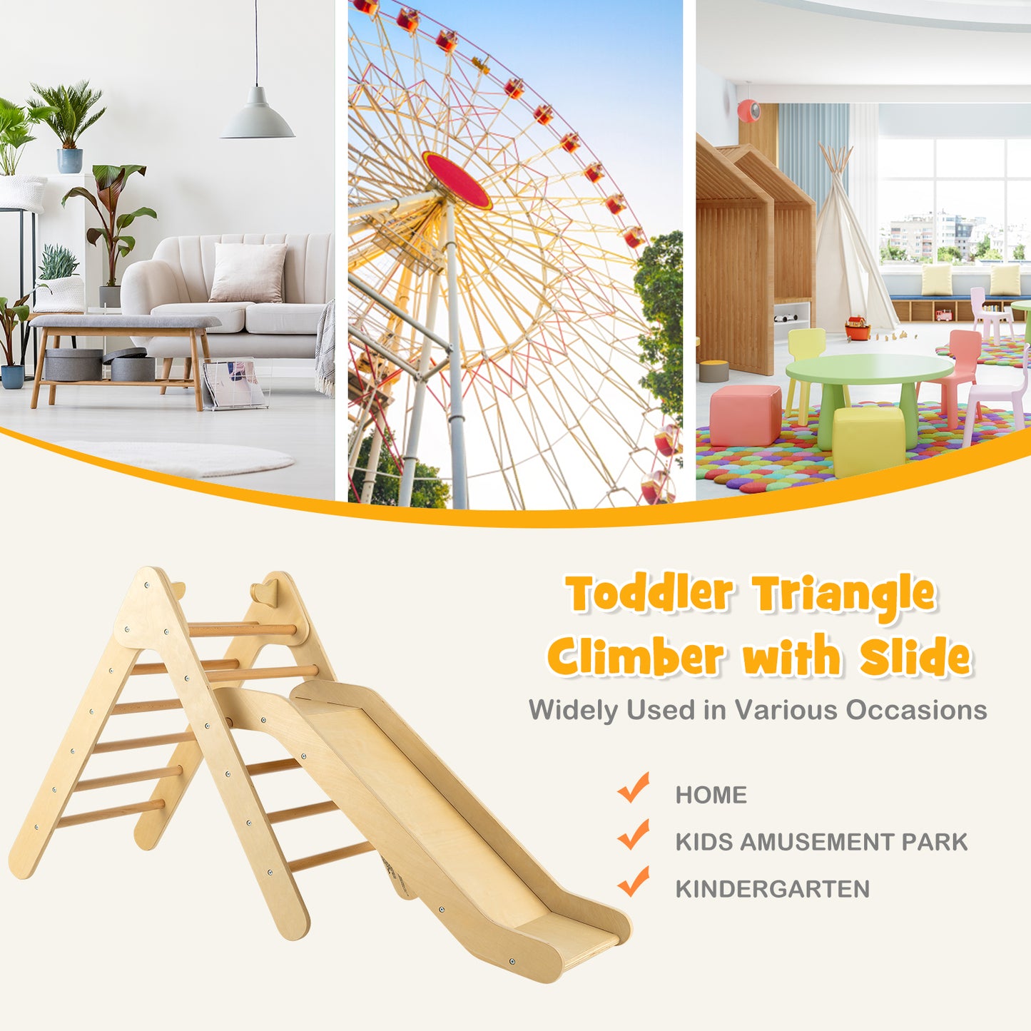 2-in-1 Wooden Triangle Climber Set with Gradient Adjustable Slide-Natural Kids Crystal