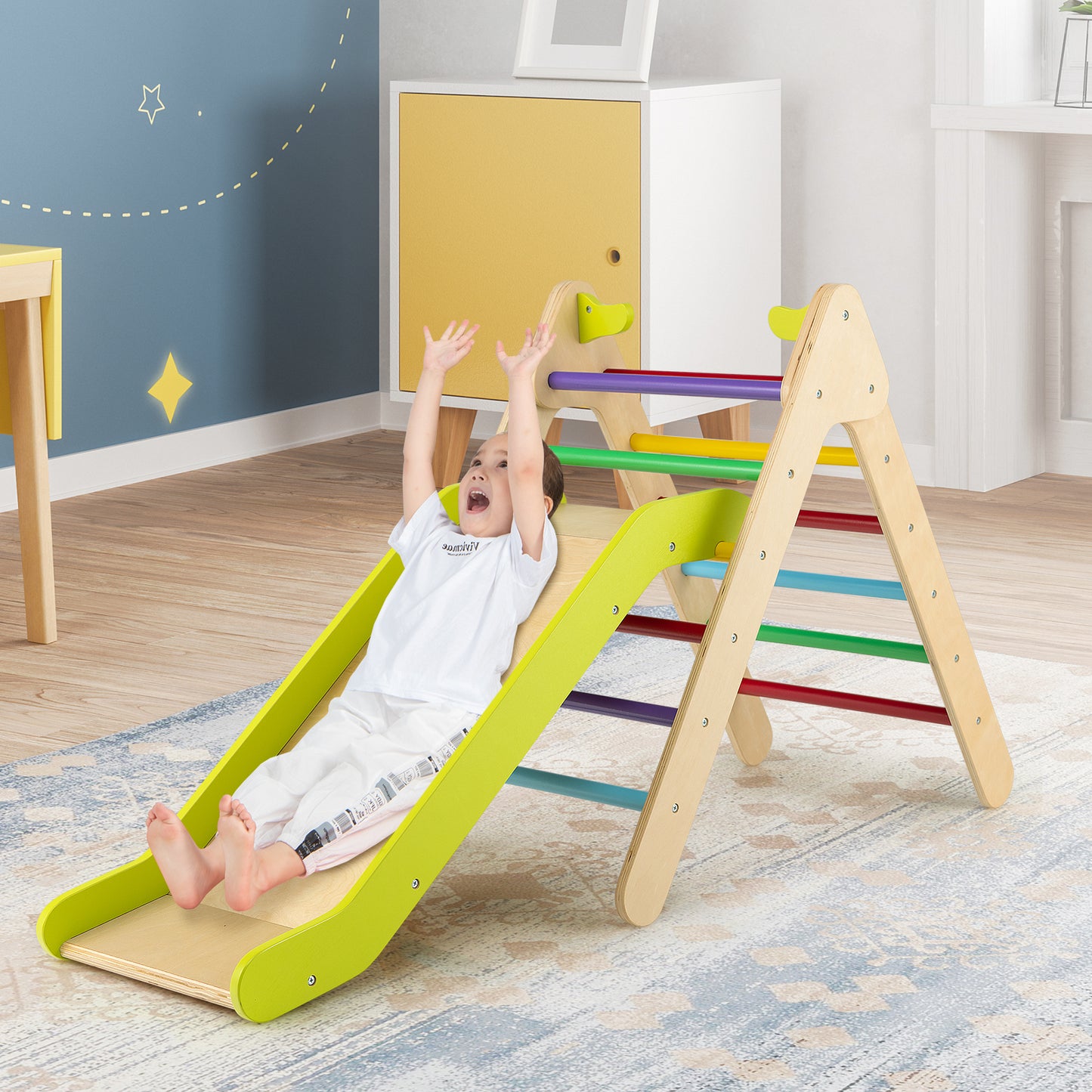 2-in-1 Wooden Triangle Climber Set with Gradient Adjustable Slide-Multicolor Kids Crystal