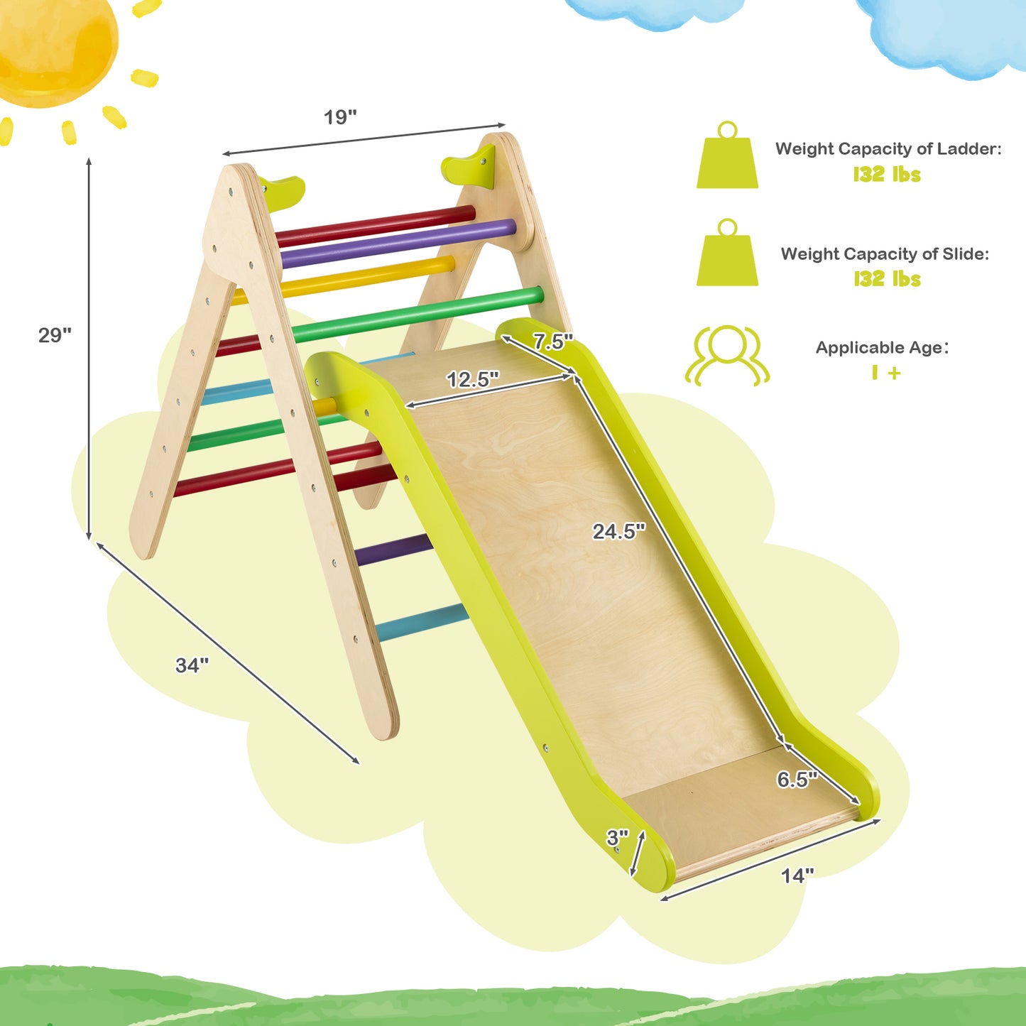 2-in-1 Wooden Triangle Climber Set with Gradient Adjustable Slide-Multicolor Kids Crystal