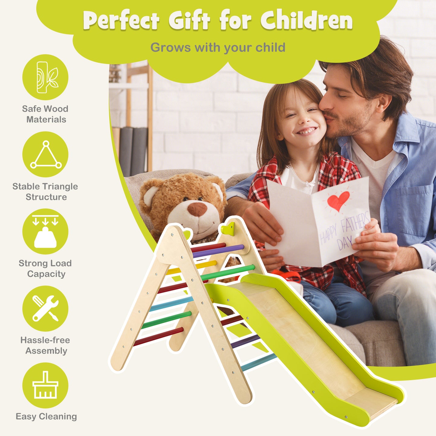 2-in-1 Wooden Triangle Climber Set with Gradient Adjustable Slide-Multicolor Kids Crystal