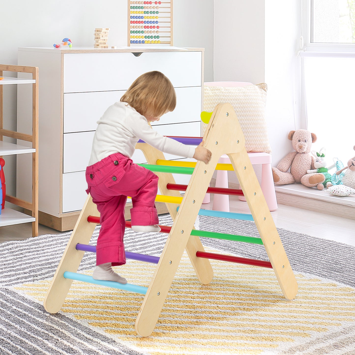 2-in-1 Wooden Triangle Climber Set with Gradient Adjustable Slide-Multicolor Kids Crystal