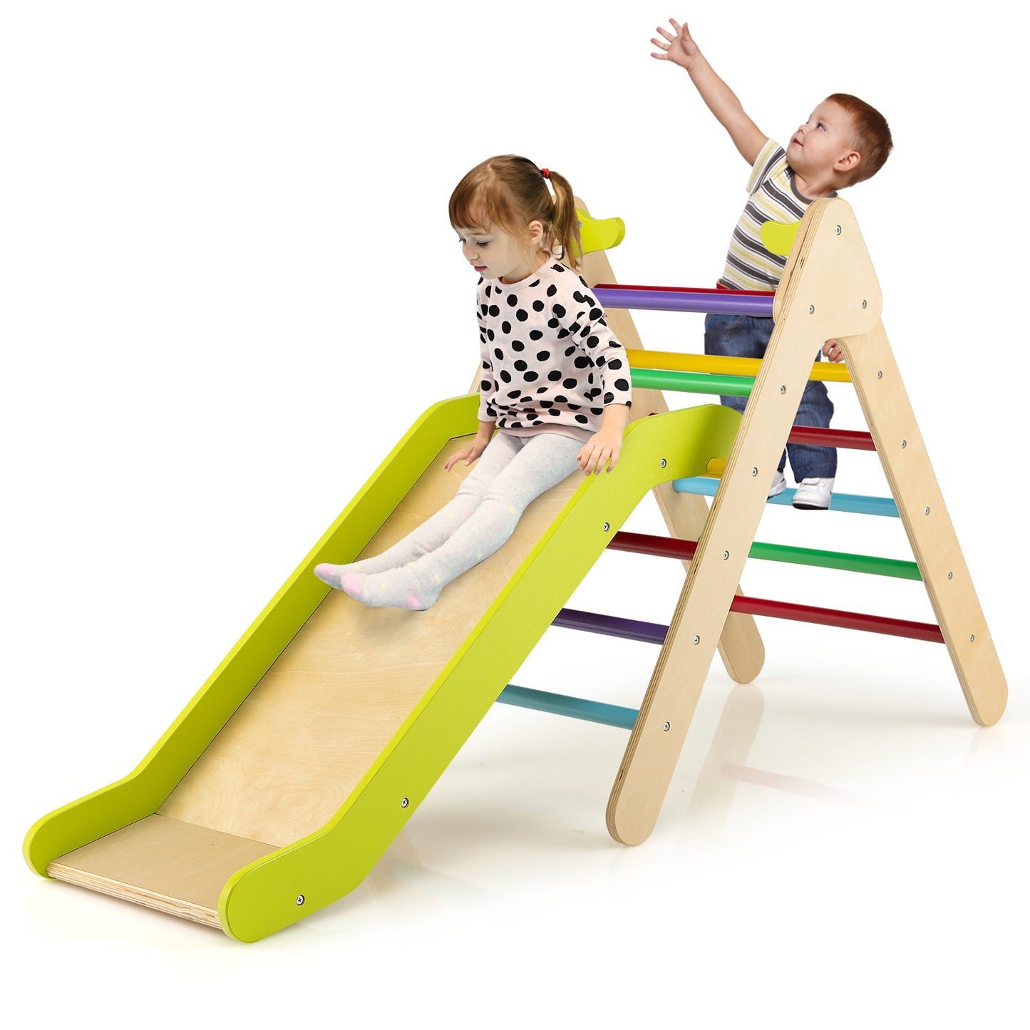 2-in-1 Wooden Triangle Climber Set with Gradient Adjustable Slide-Multicolor Kids Crystal
