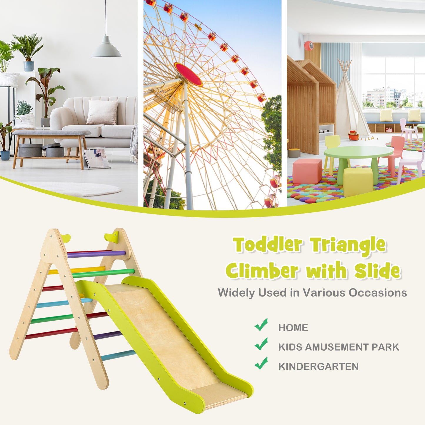 2-in-1 Wooden Triangle Climber Set with Gradient Adjustable Slide-Multicolor Kids Crystal