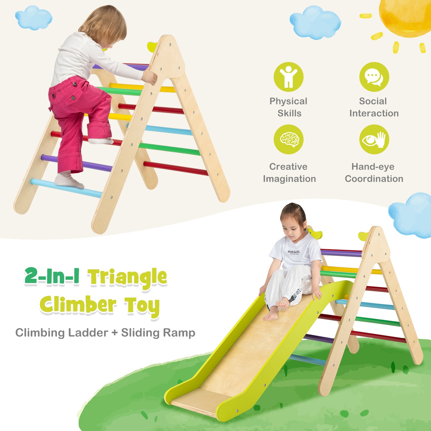 2-in-1 Wooden Triangle Climber Set with Gradient Adjustable Slide-Multicolor Kids Crystal