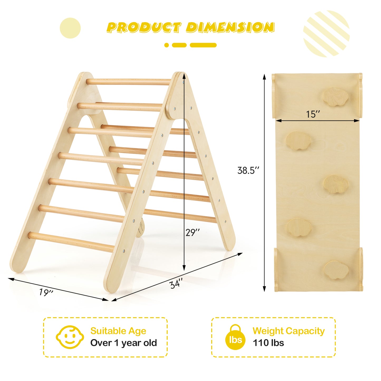 3-in-1 Wooden Climbing Triangle Set Triangle Climber with Ramp-Natural Kids Crystal