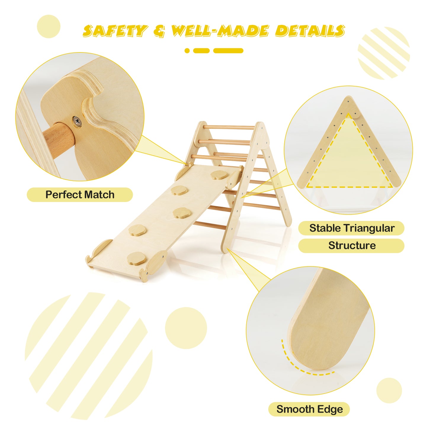 3-in-1 Wooden Climbing Triangle Set Triangle Climber with Ramp-Natural Kids Crystal