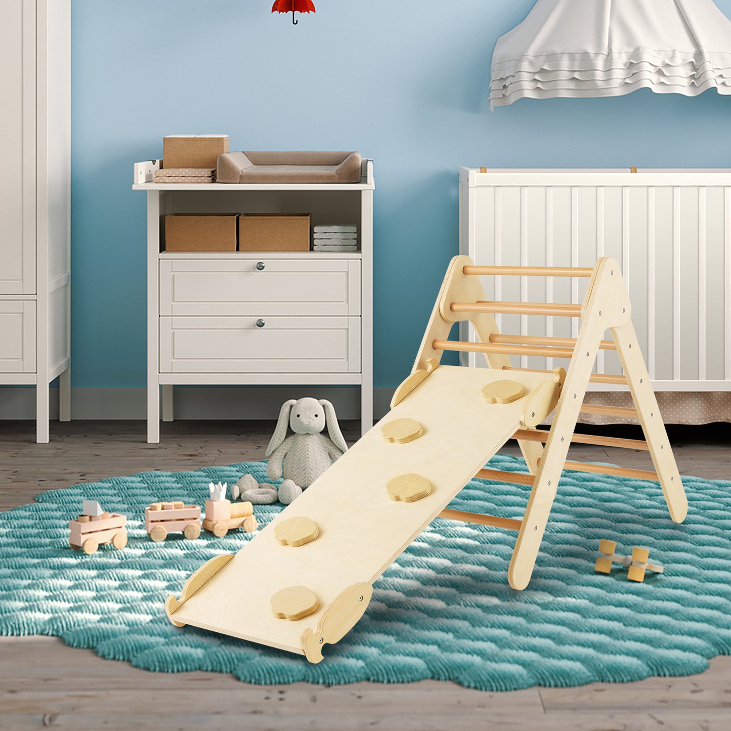 3-in-1 Wooden Climbing Triangle Set Triangle Climber with Ramp-Natural Kids Crystal