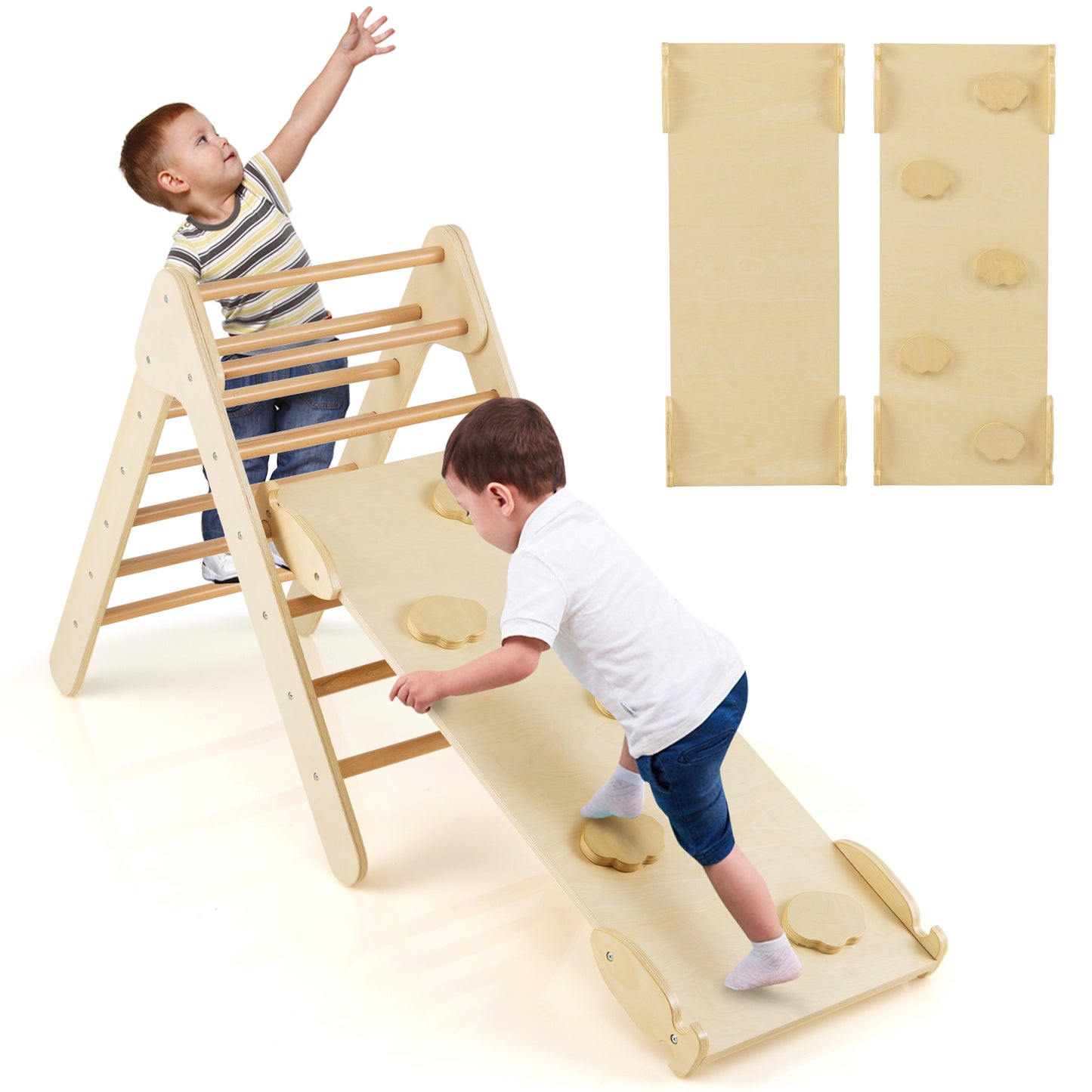 3-in-1 Wooden Climbing Triangle Set Triangle Climber with Ramp-Natural Kids Crystal