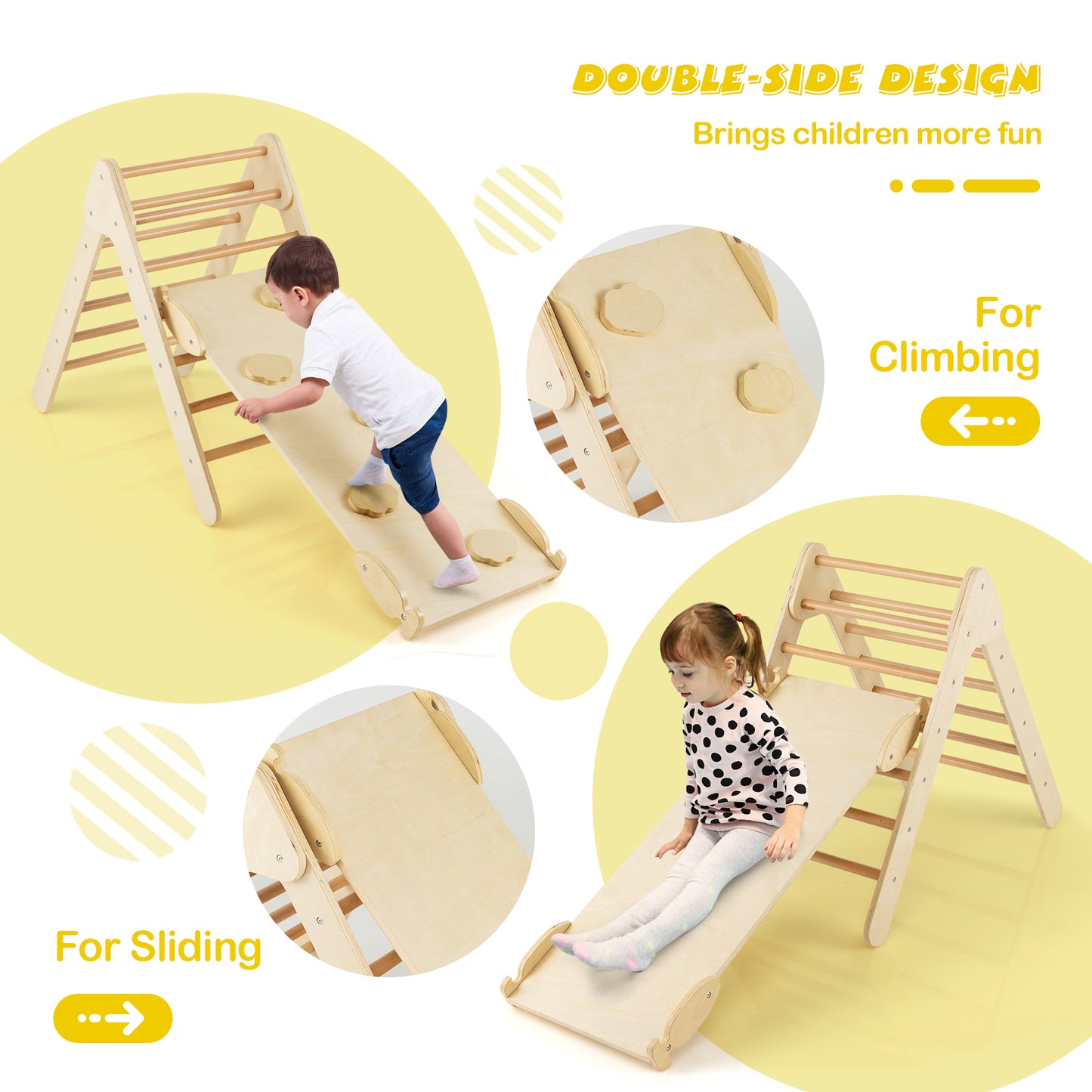 3-in-1 Wooden Climbing Triangle Set Triangle Climber with Ramp-Natural Kids Crystal
