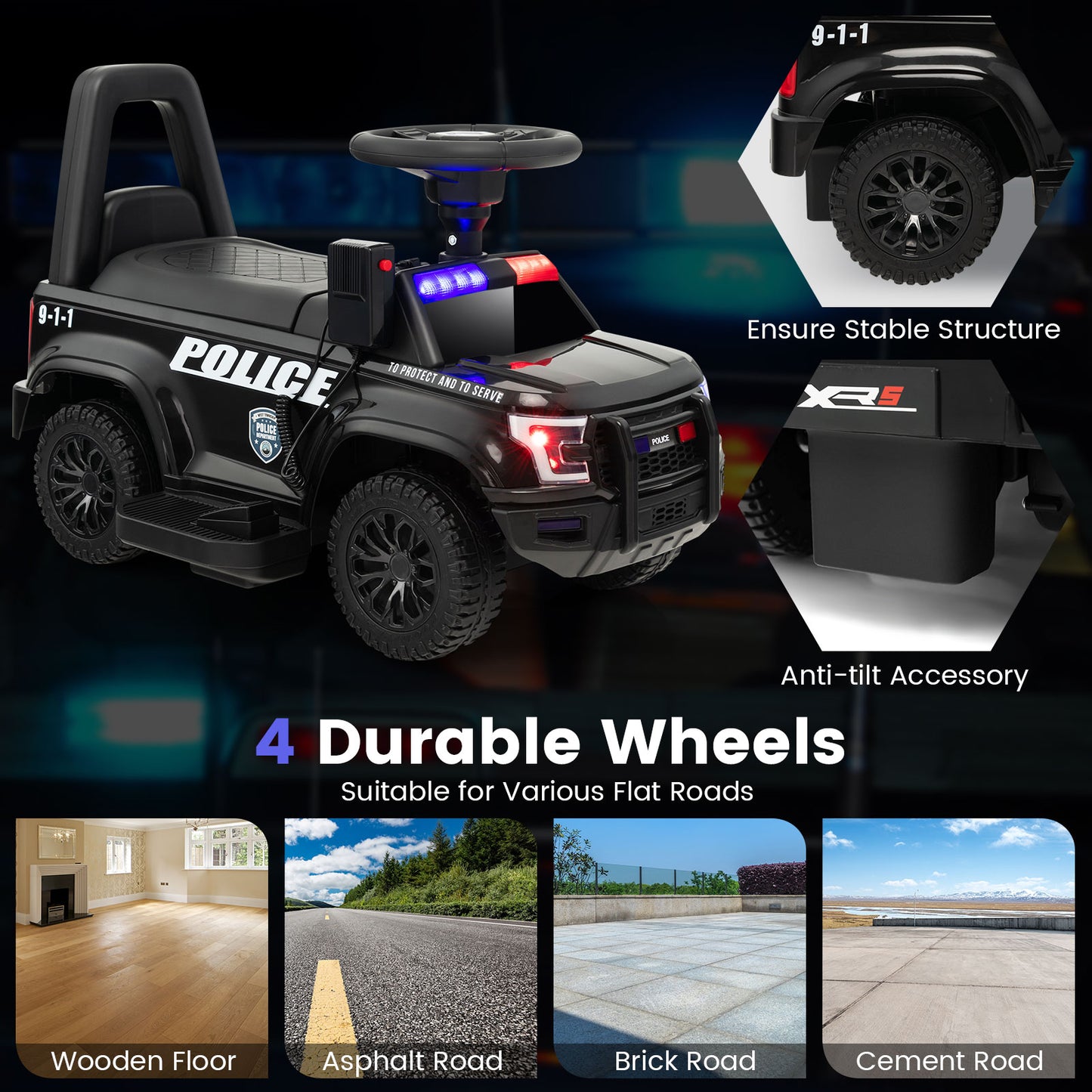 6V Kids Ride On Police Car with Real Megaphone and Siren Flashing Lights-Black Kids Crystal