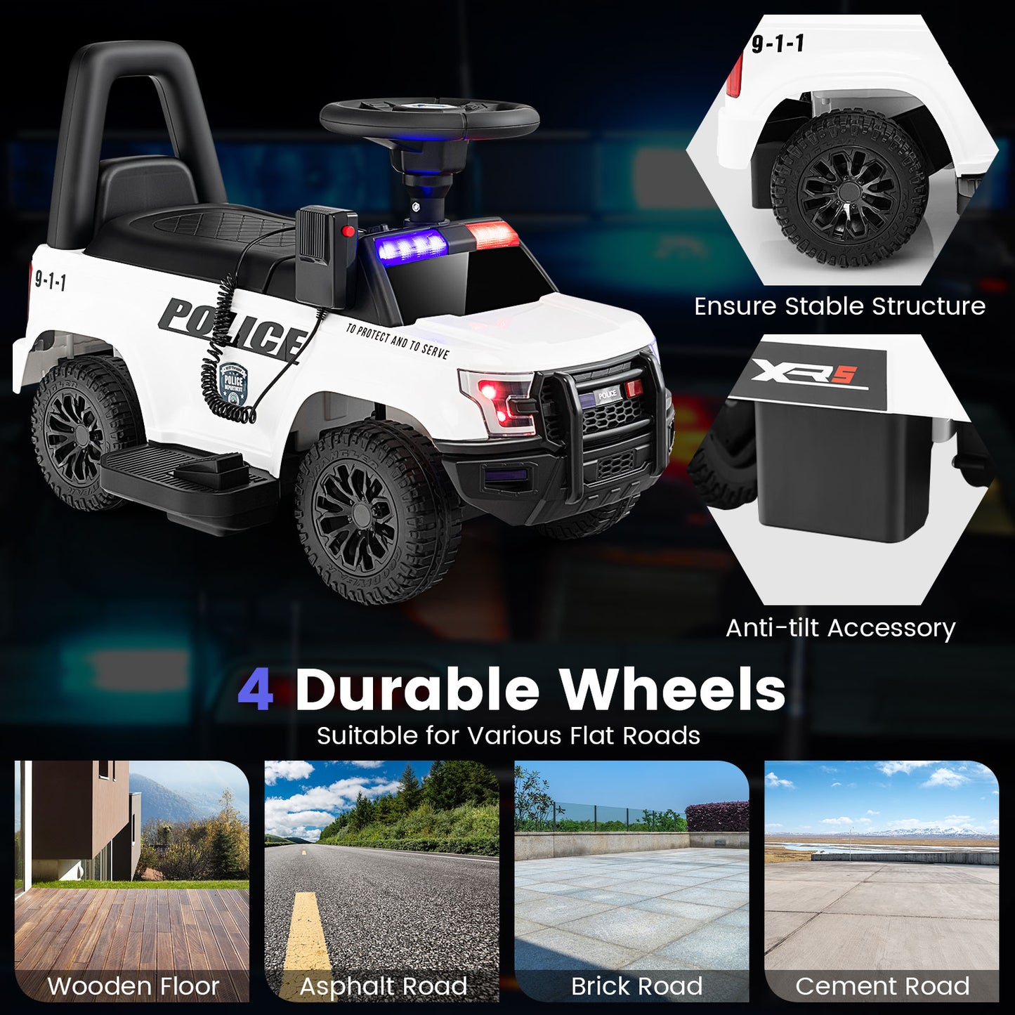 6V Kids Ride On Police Car with Real Megaphone and Siren Flashing Lights-White Kids Crystal