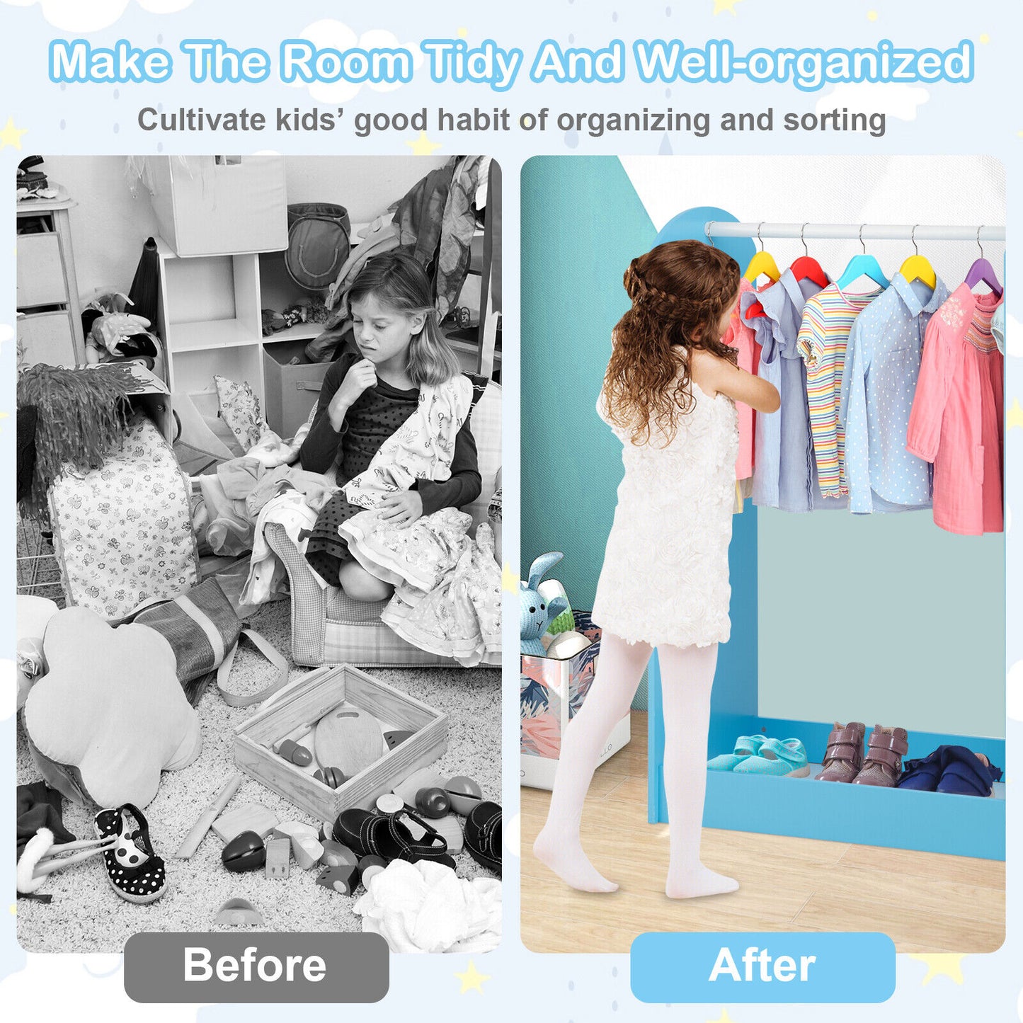 Kids Dress Up Storage with Mirror-Blue Kids Crystal