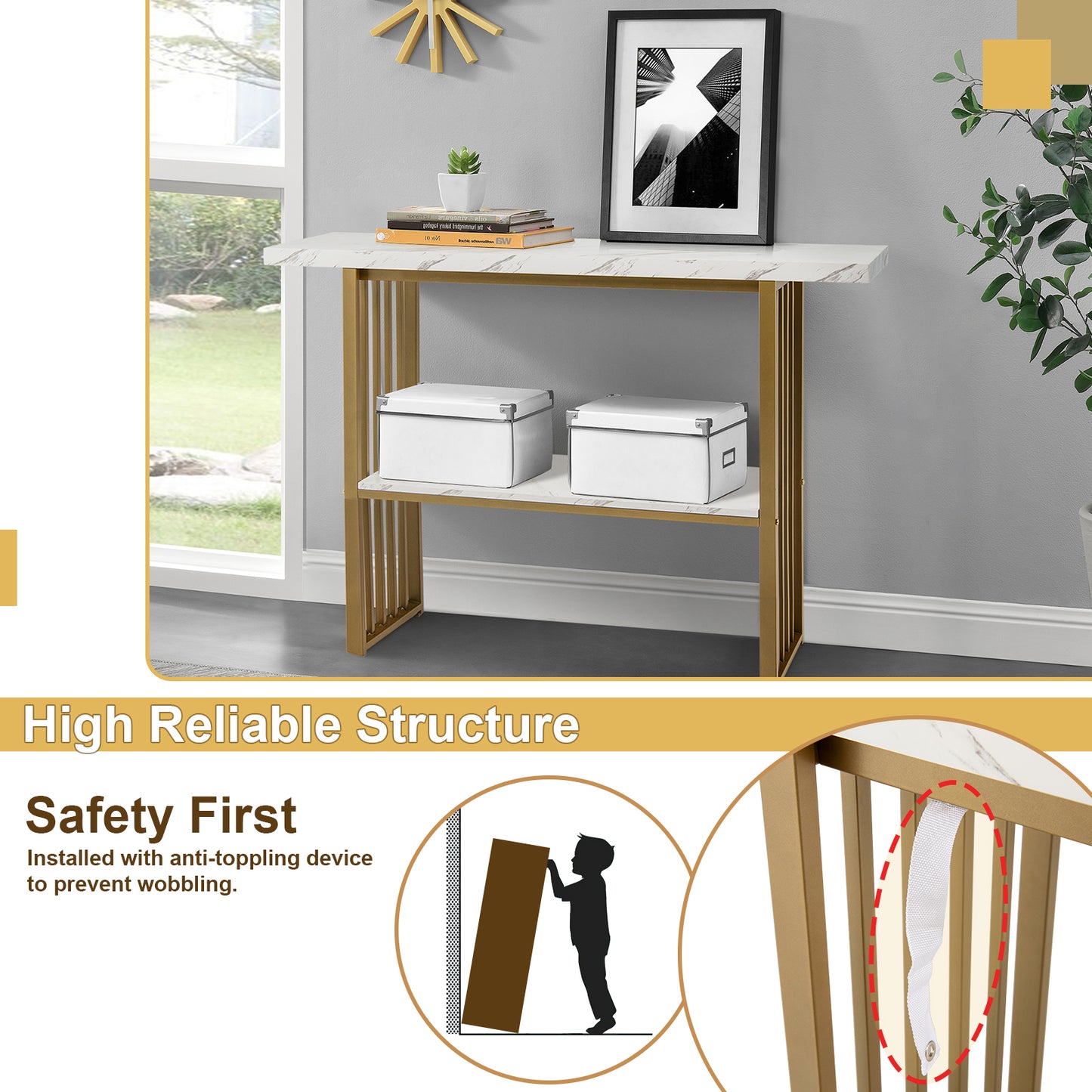 48 Inch 2-Tier Console Table with Gold Finished Frame-White Kids Crystal