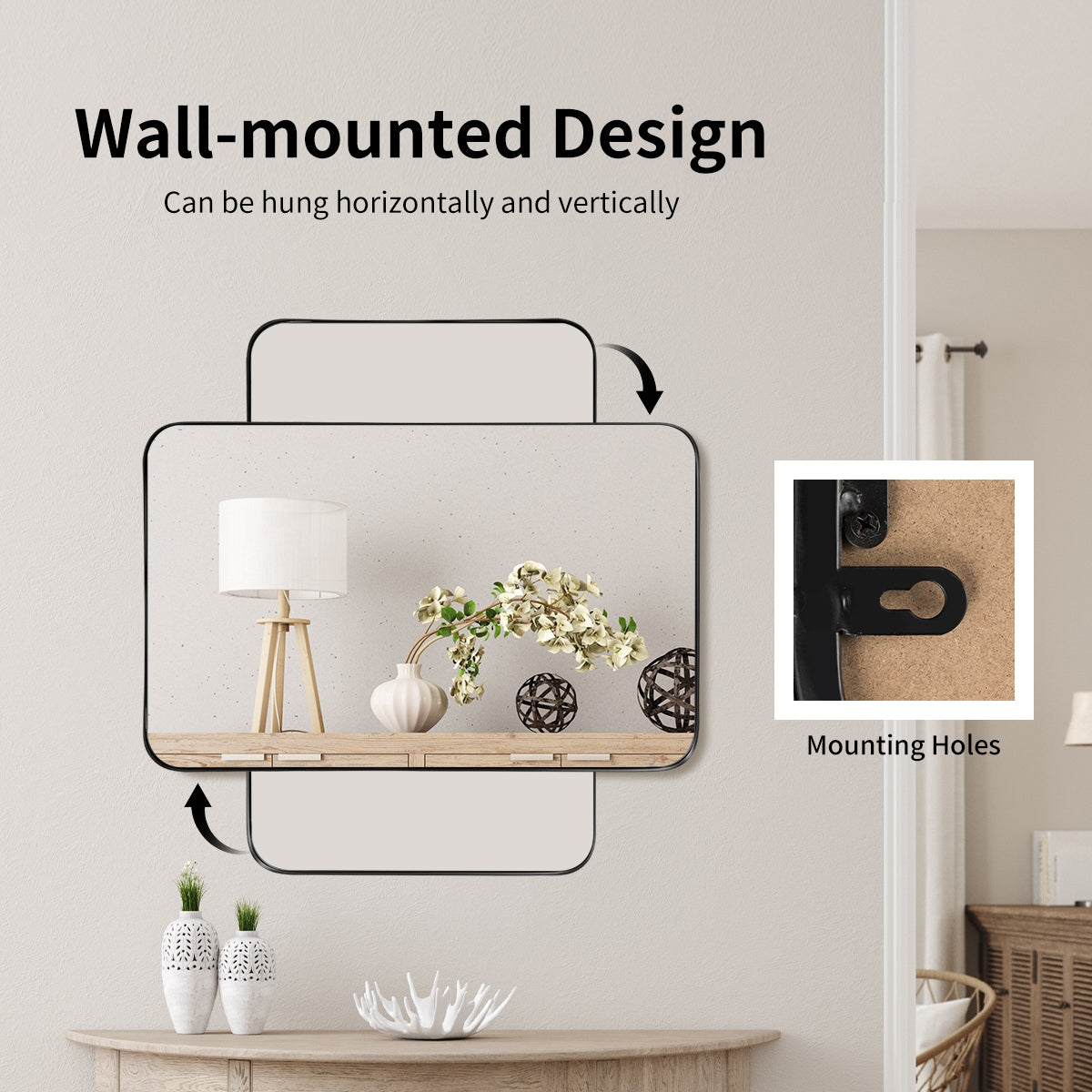 32 Inch x 20 Inch Metal Frame Wall-Mounted Rectangle Mirror-Black Kids Crystal