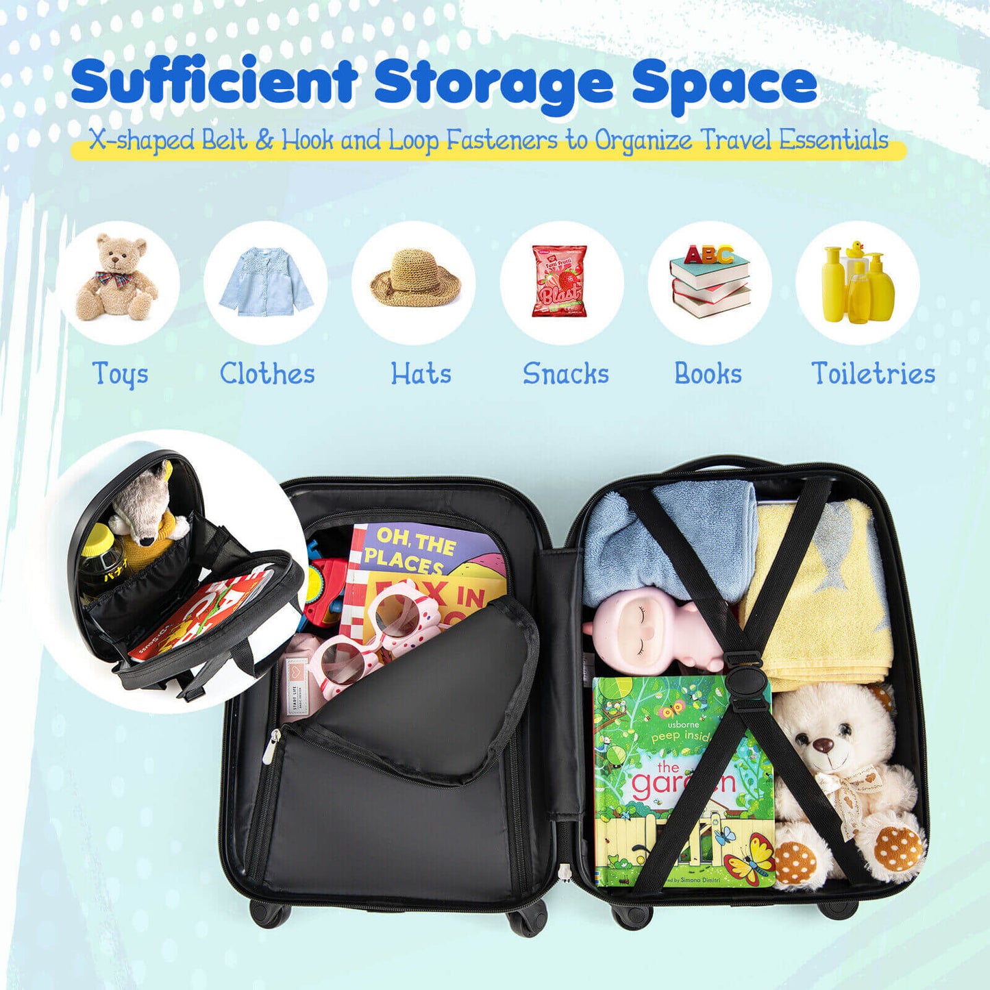 2 Pieces Kids Carry-on Luggage Set with 12 Inch Backpack-Blue Kids Crystal