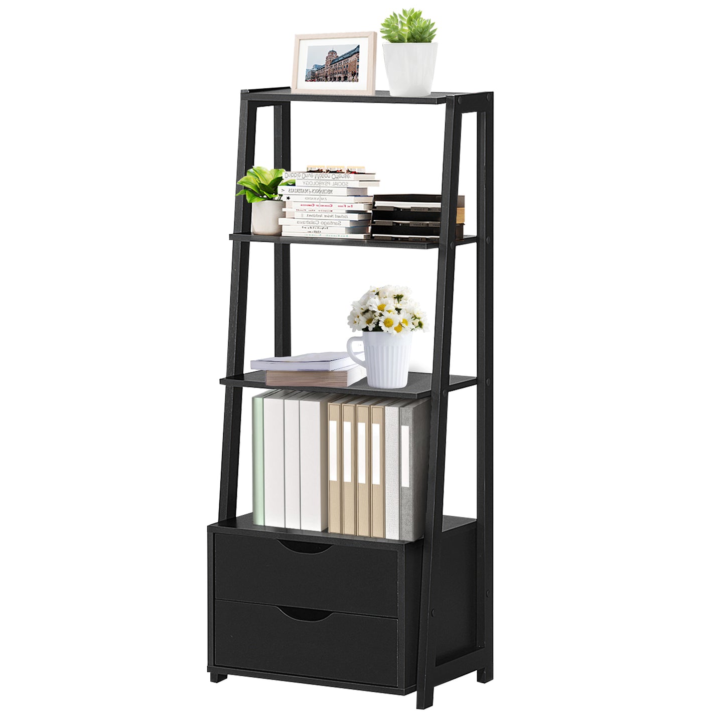 4-Tier Ladder Bookshelf Storage Display with 2 Drawers Kids Crystal