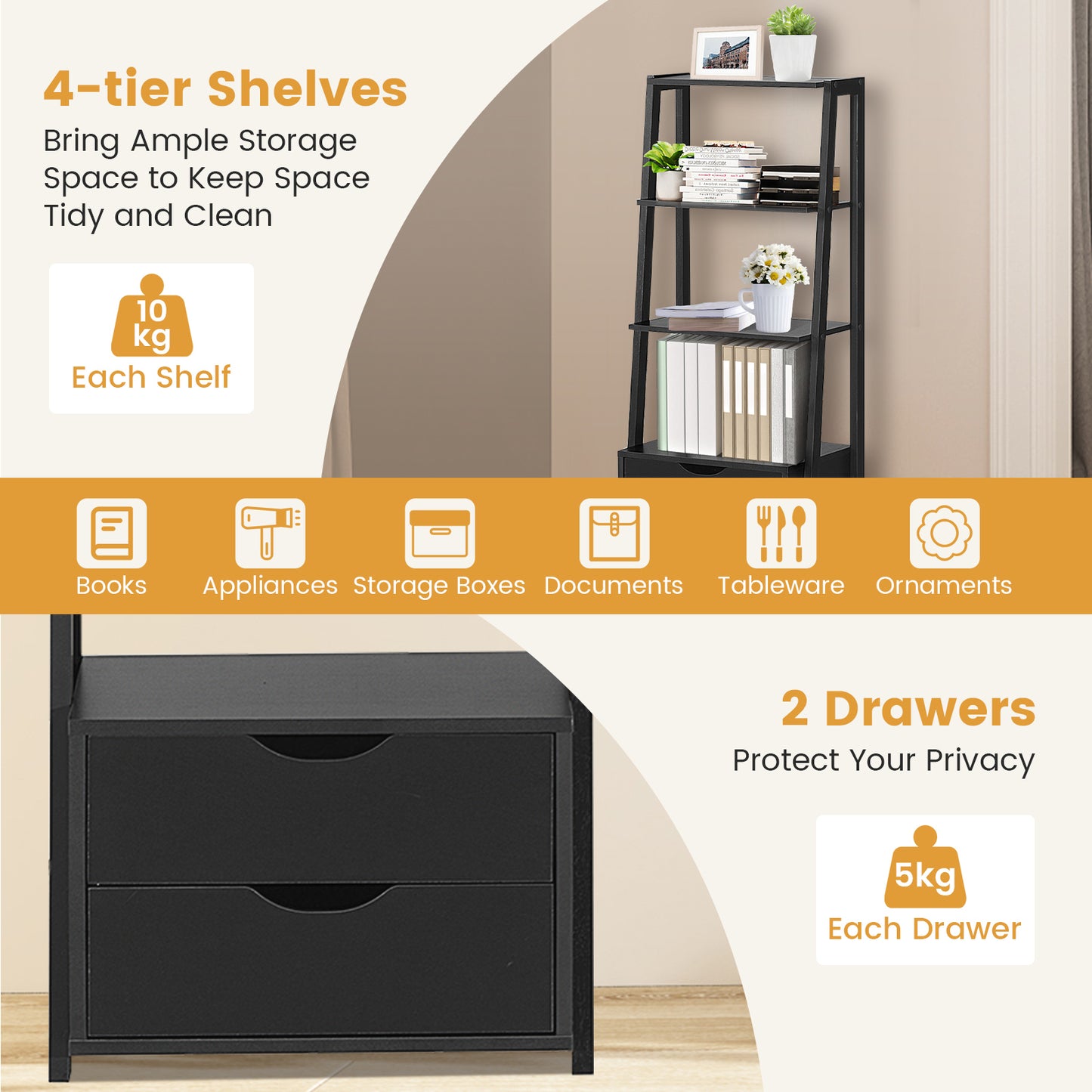 4-Tier Ladder Bookshelf Storage Display with 2 Drawers Kids Crystal