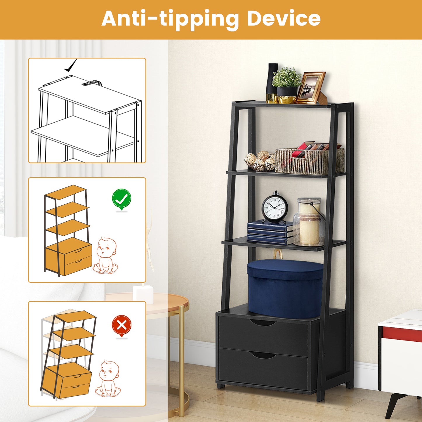 4-Tier Ladder Bookshelf Storage Display with 2 Drawers Kids Crystal