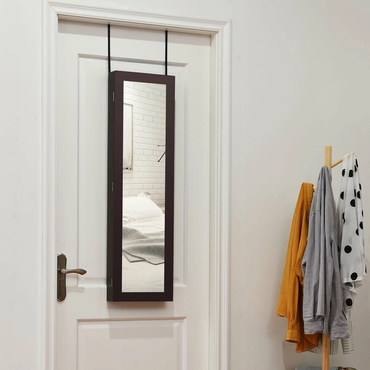 Full Length Mirror Jewelry Cabinet with Ring Slots and Necklace Hooks-Dark Brown Kids Crystal