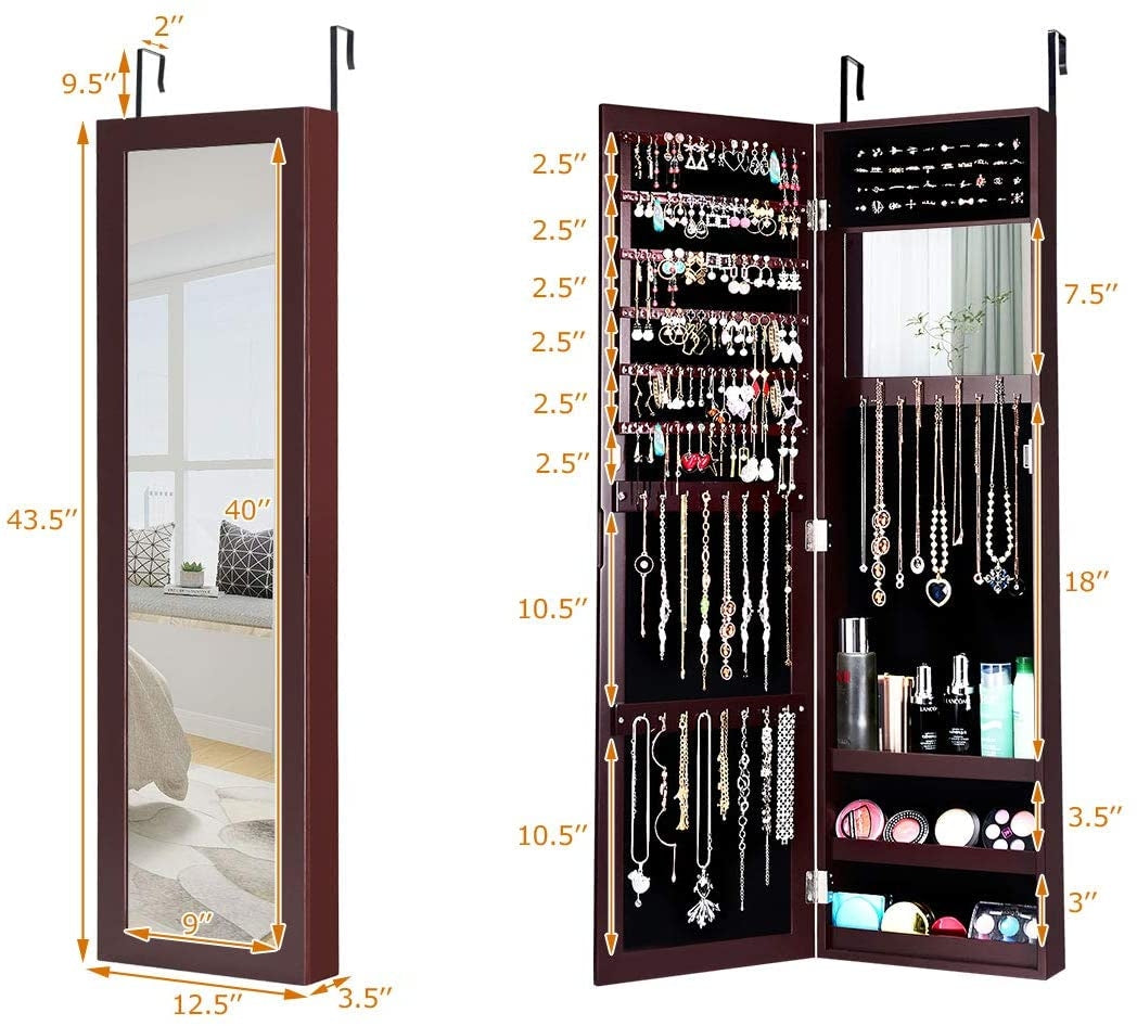 Full Length Mirror Jewelry Cabinet with Ring Slots and Necklace Hooks-Dark Brown Kids Crystal