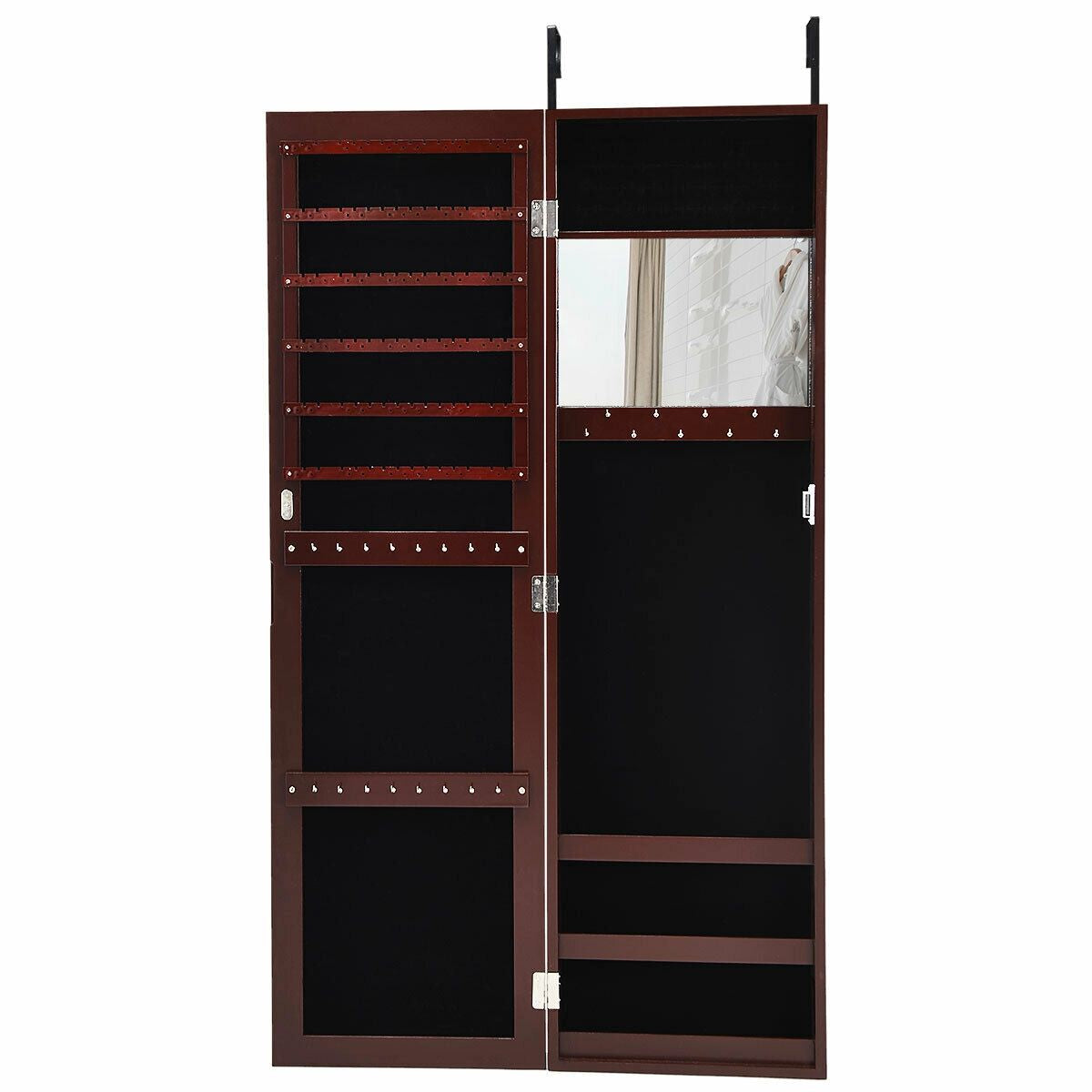 Full Length Mirror Jewelry Cabinet with Ring Slots and Necklace Hooks-Dark Brown Kids Crystal