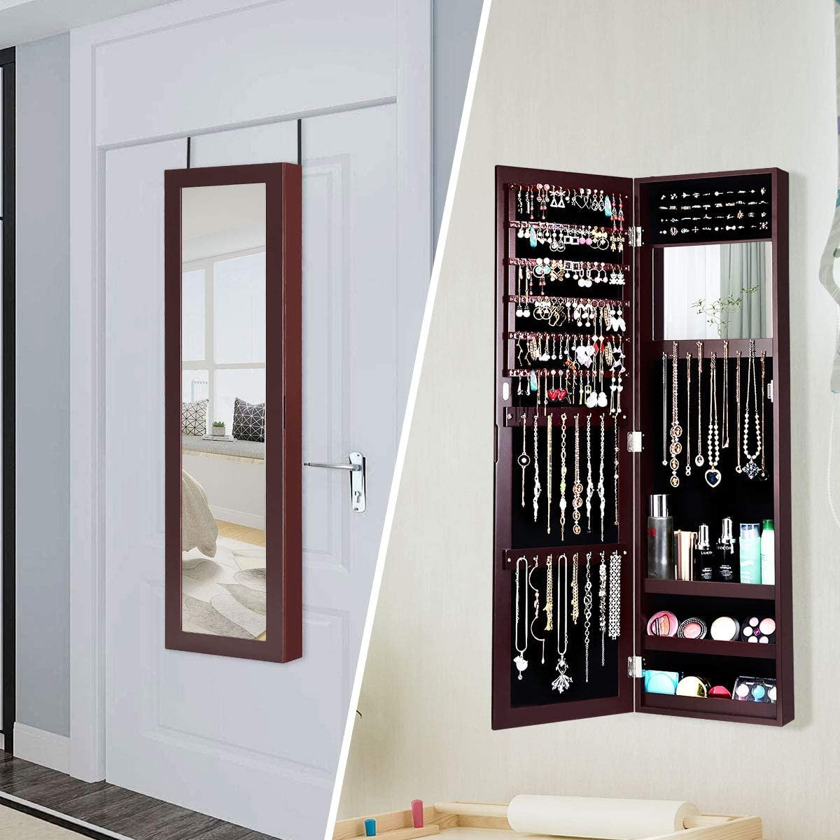 Full Length Mirror Jewelry Cabinet with Ring Slots and Necklace Hooks-Dark Brown Kids Crystal